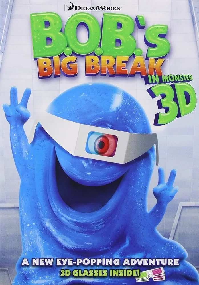 Cover of a children's game or book titled "B.O.B.'s Big Break in Monster 3D" with a blue slime monster wearing 3D glasses, making a peace sign with one hand and a victory sign with the other. The cover features bright colors and a playful design.