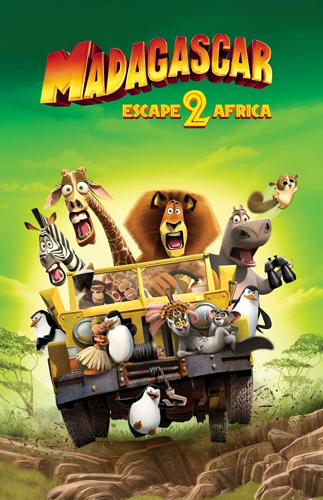 Animated characters of various animals including lions, giraffes, zebras, hippos, penguins, and monkeys riding in a yellow safari vehicle against a green landscape and blue sky background from the animated movie Madagascar: Escape 2 Africa.