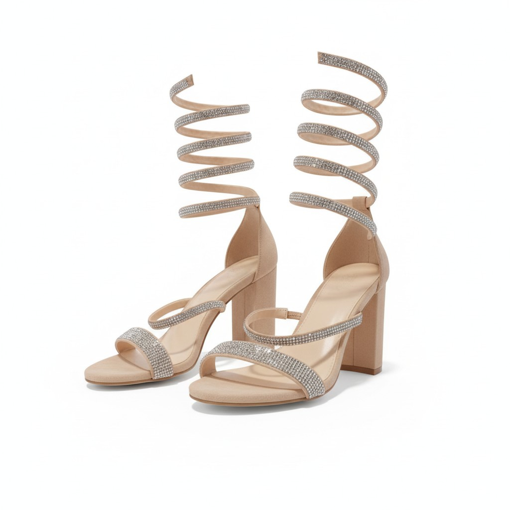Spiral Rhinestone Block Heels - Nude Party Sandals