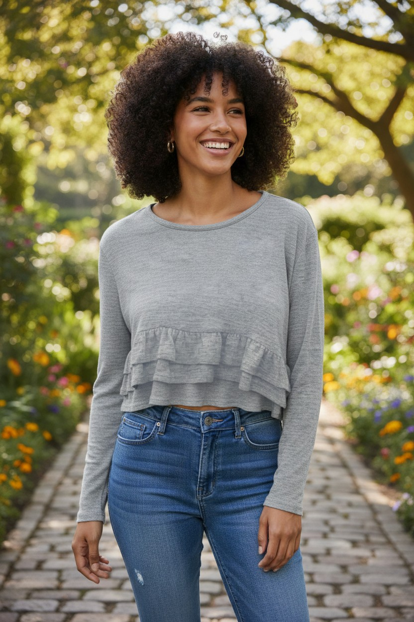 Chic Gray Ruffle Hem Crop Top