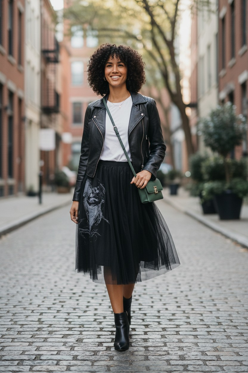 Chic Black Tulle Skirt with Graphic Design - Elegant Evening Wear