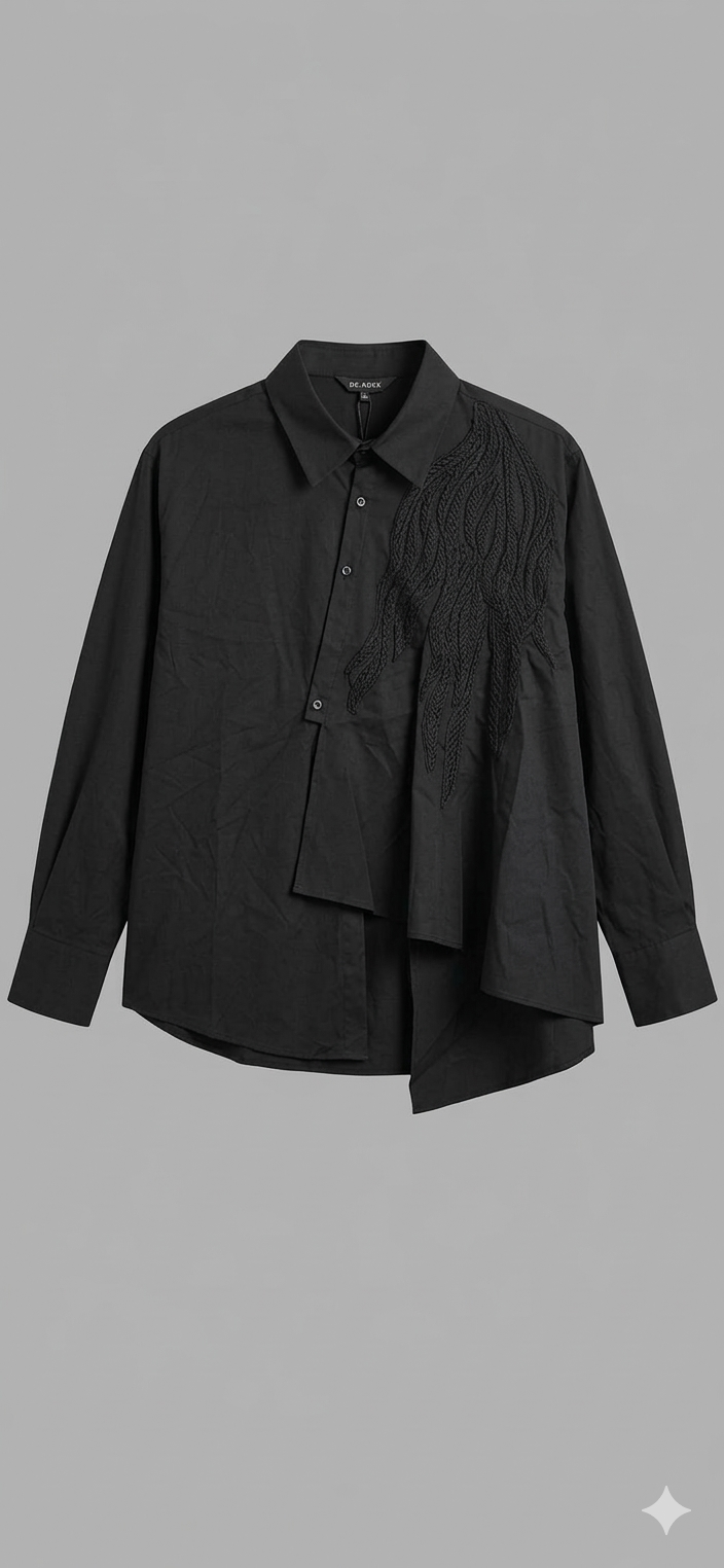 Asymmetrical Black Embroidered Shirt - Modern Artistic Style