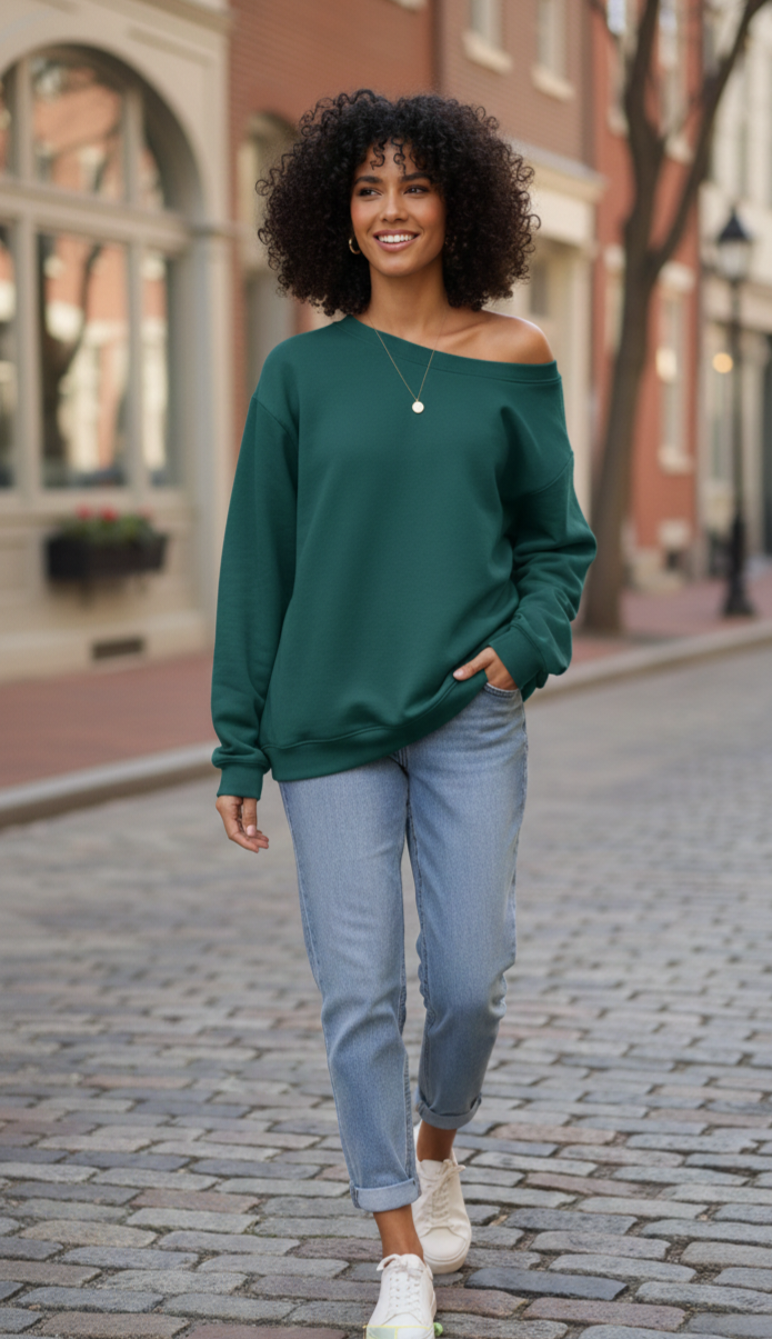 Effortlessly Chic Off-Shoulder Green Sweatshirt