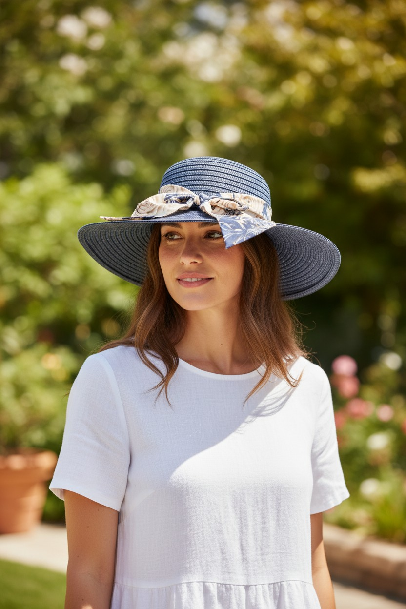 Blue Floral Straw Sun Hat