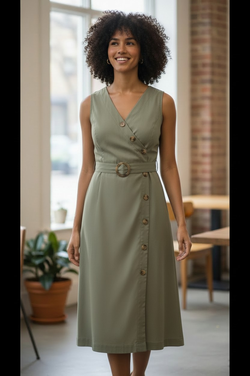 Olive Green Wrap Midi Dress