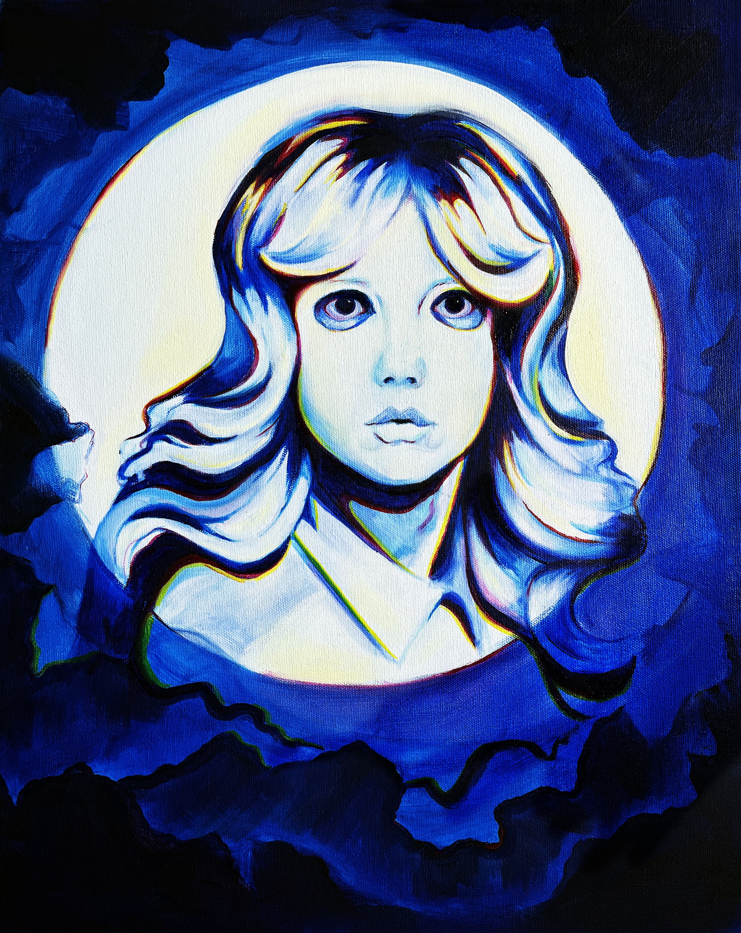 Abstract painting of a woman's face with flowing hair, surrounded by a glowing yellow halo and dark blue background.