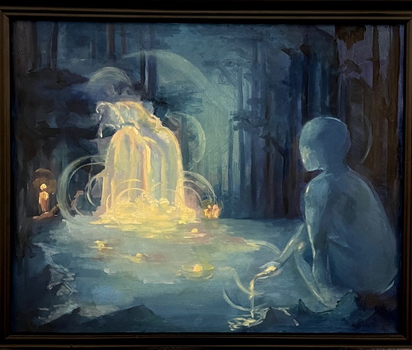 A painting of a person sitting on the ground near a body of water with a fountain in the background, illuminated by a soft light with dark surrounding woods.