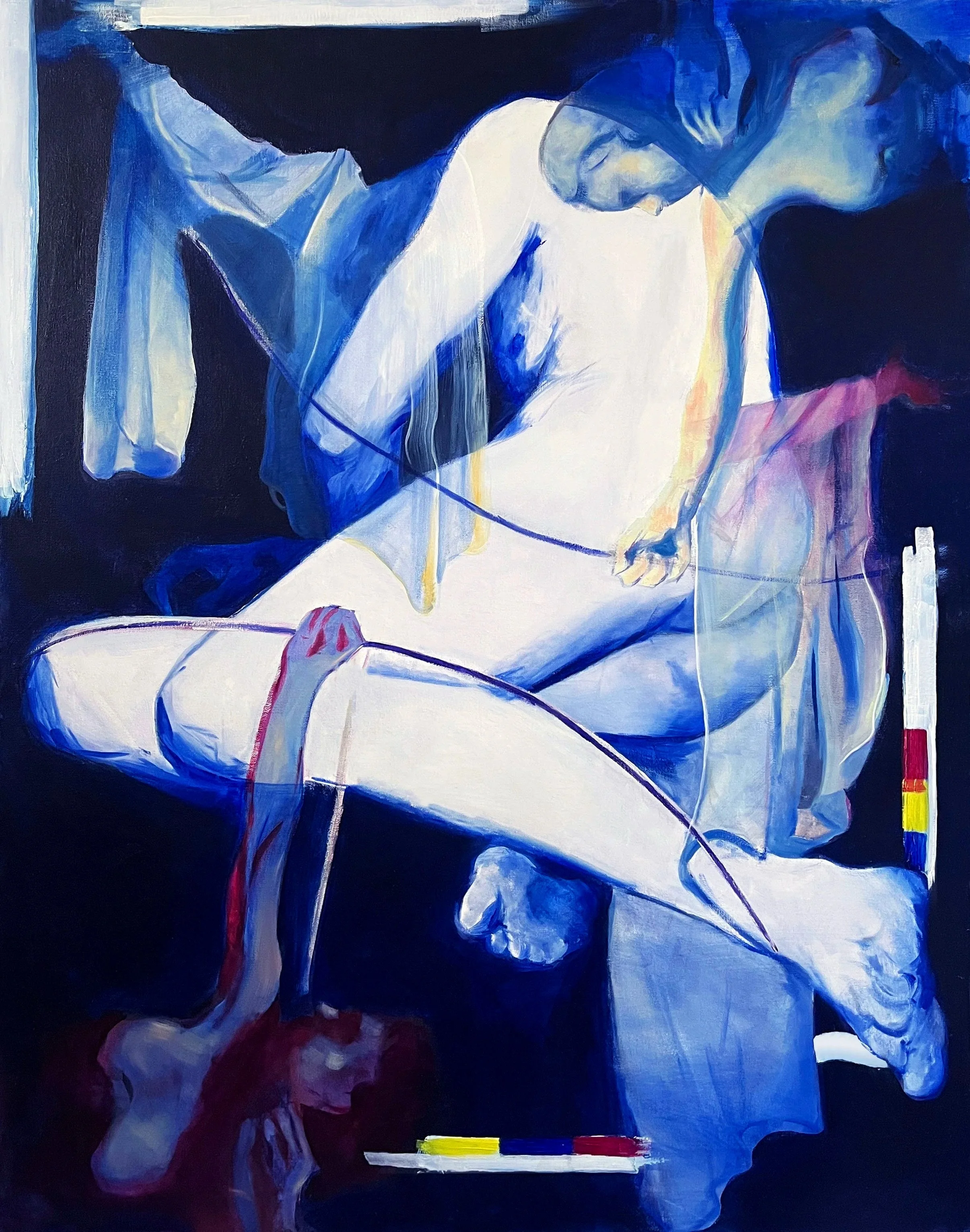 Abstract painting with a blue and black color scheme, featuring human-like figures intertwined, some with elongated limbs, and colored horizontal bars at the bottom.