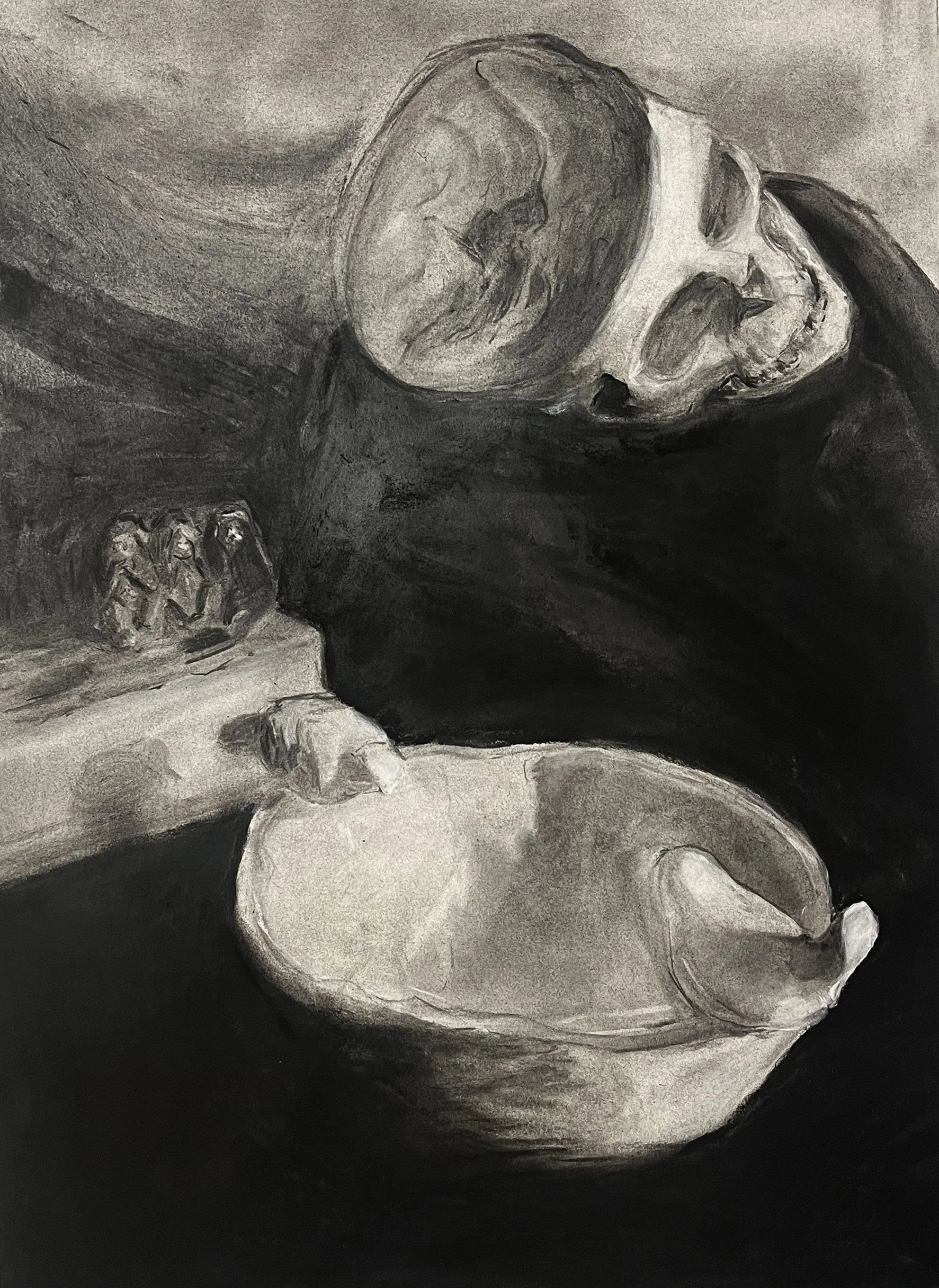 A black and white drawing of a skull and ceramic birds