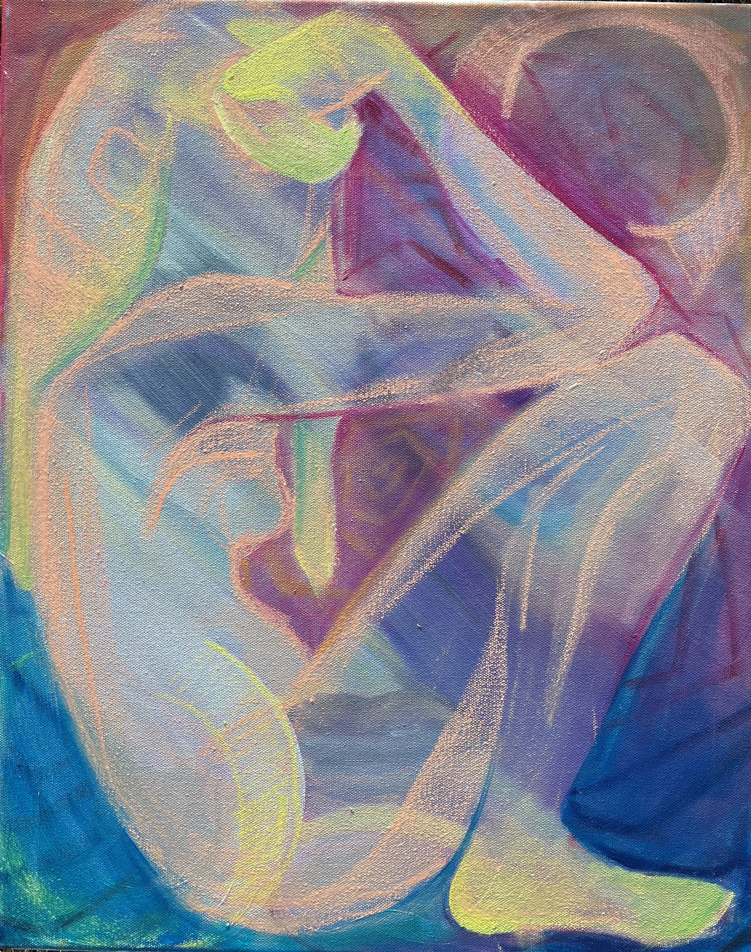 Abstract watercolor painting with flowing, swirling lines in pastel colors including pink, purple, yellow, blue, and green.