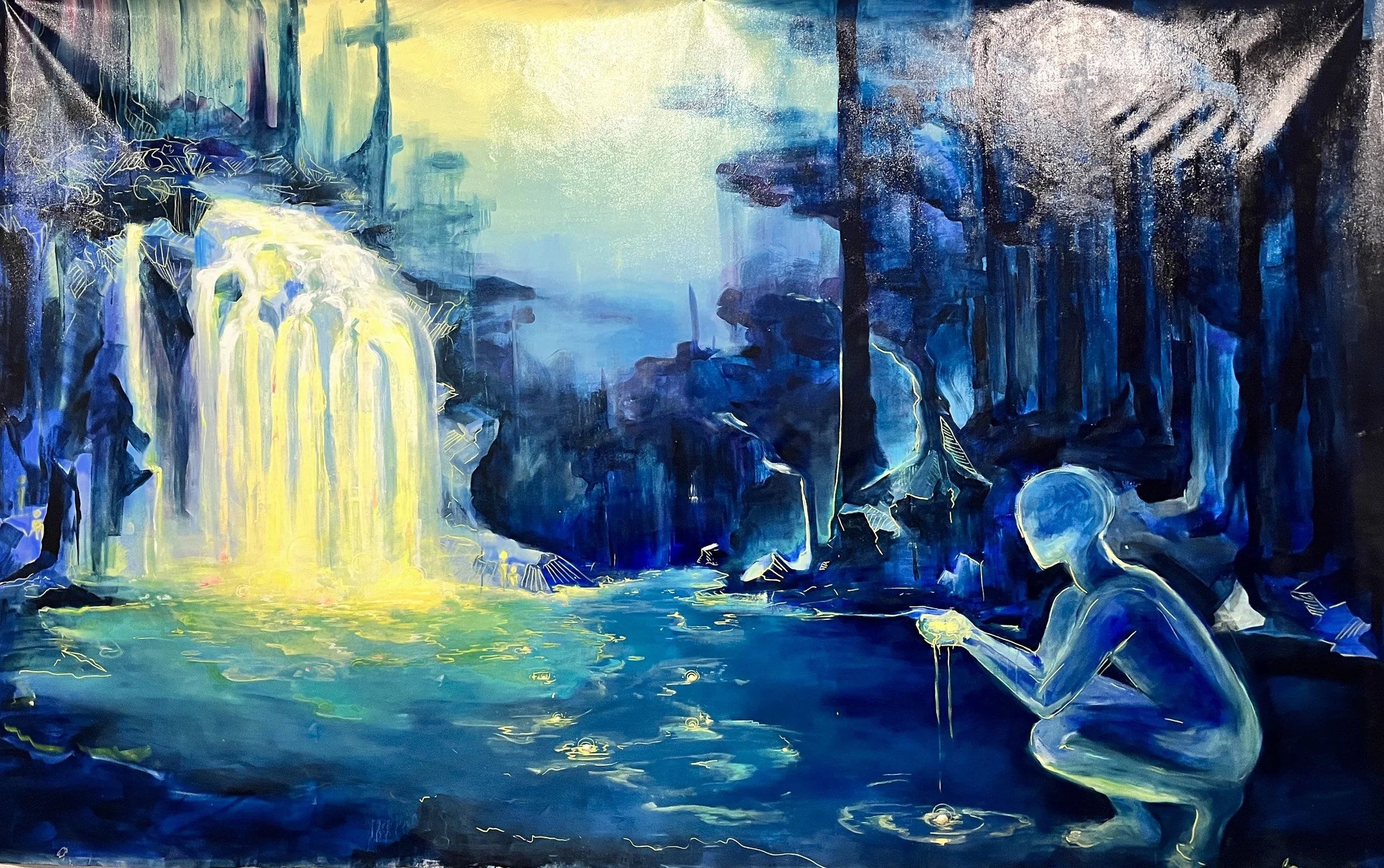 Abstract painting of a waterfall in a landscape, with vibrant blue, yellow, and green colors.