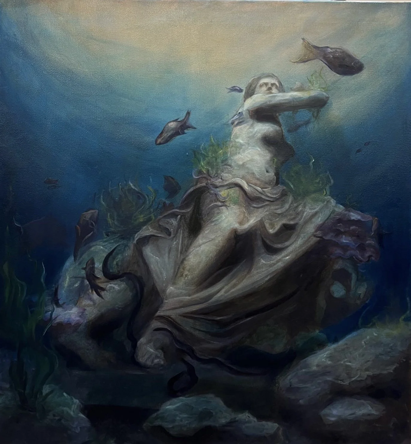 Painting of a large tortoise underwater with green seaweed growing on its back and around it, and several fish swimming nearby. The turtle has a cracked shell and appears to be resting on the ocean floor with rocks and plants.