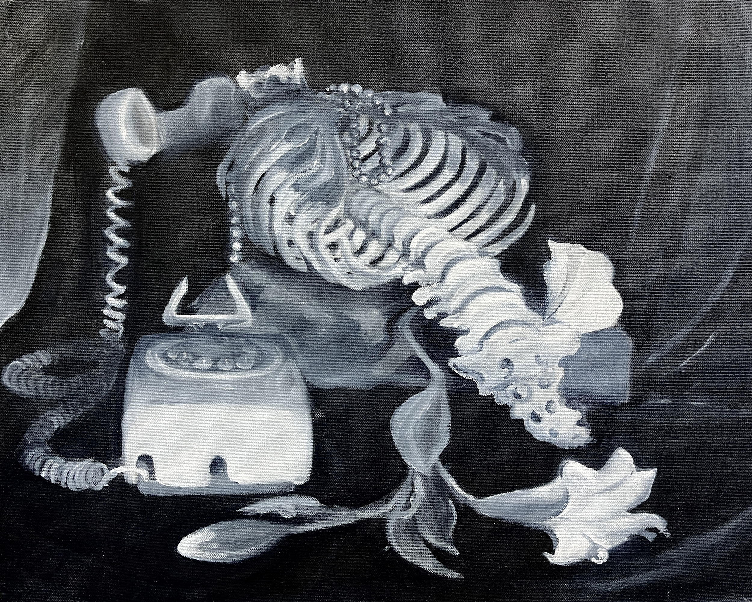 A skeleton lying on a dark surface, dressed with jewelry and accessories, painted in shades of grey and white.