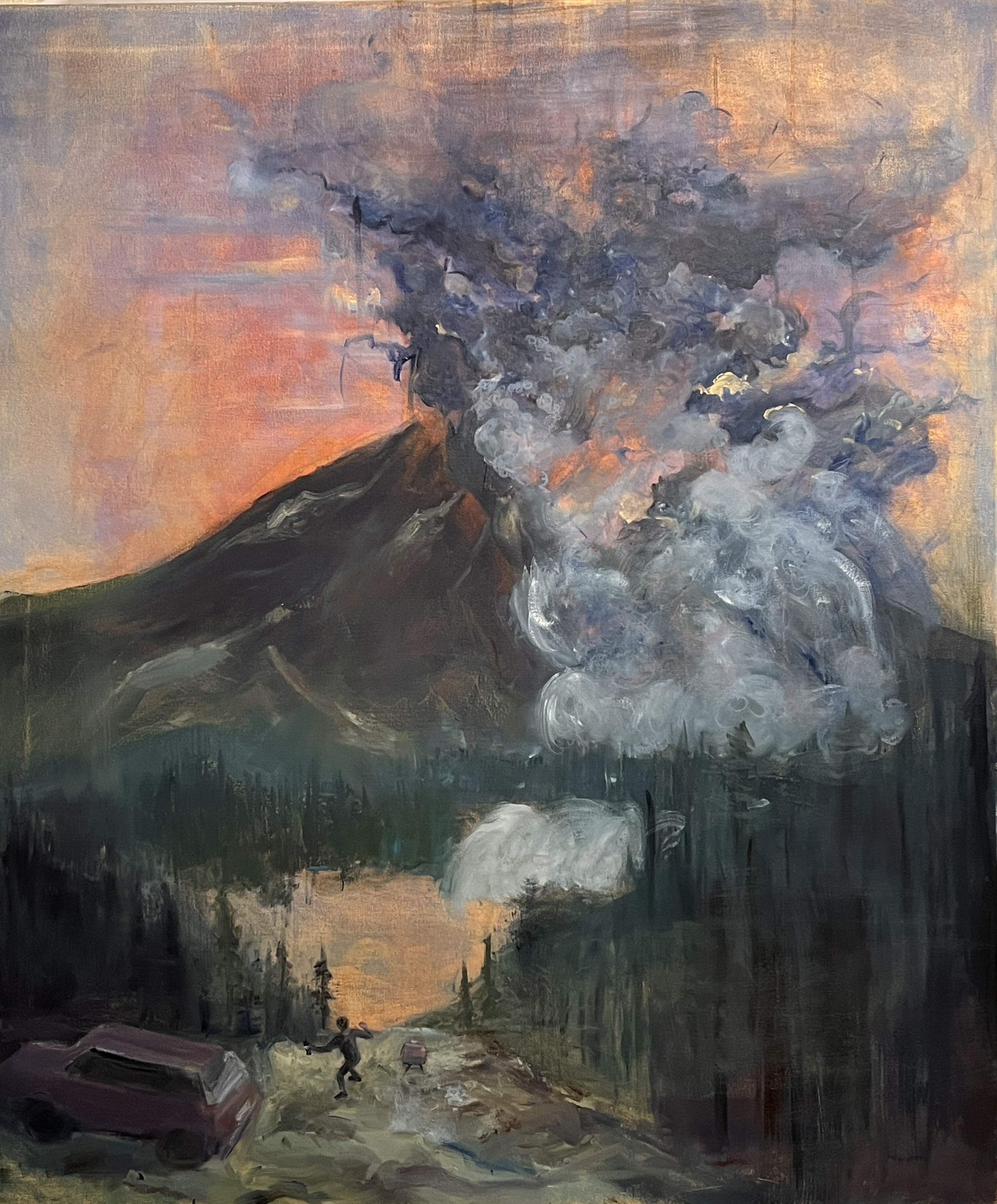 An oil painting depicting volcanic eruption with dark ash and smoke billowing from the volcano, set against a colorful sky with hues of pink, purple, and orange. In the foreground, there are small figures and a vehicle on a rough landscape.