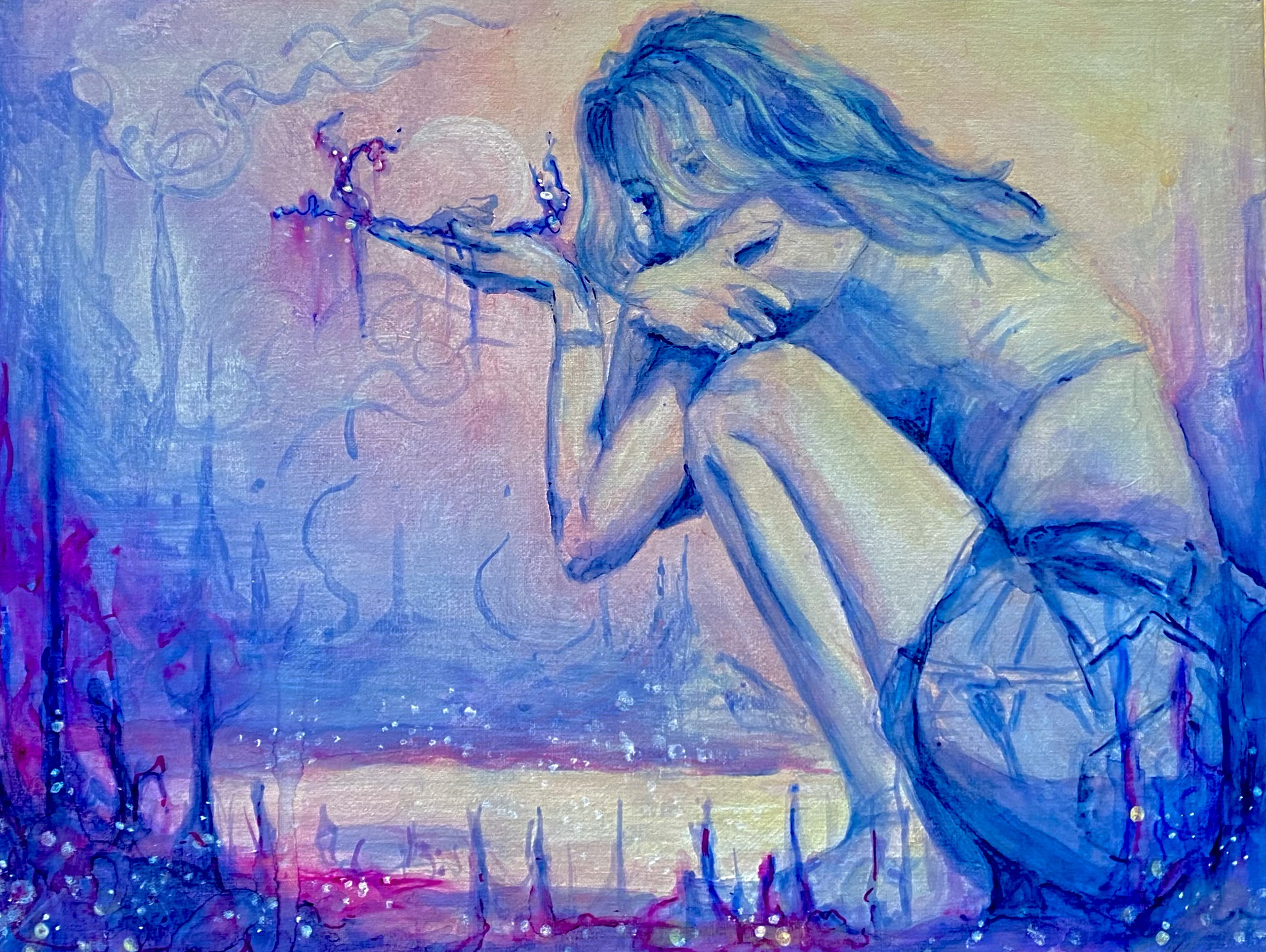 A painting of a woman with long hair, sitting and holding a glowing orb, with abstract colorful background and swirling patterns.