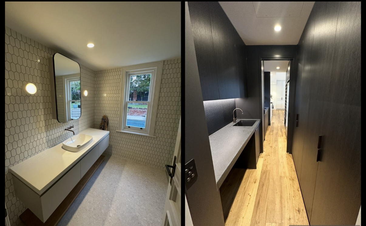 Side-by-side images of two modern kitchens. The left features a light, patterned tile wall, a white countertop with a vessel sink, a mirror, and a window. The right shows a sleek, black, minimalist kitchen with dark cabinetry, a gray countertop, wood flooring, and recessed lighting.