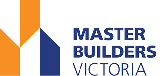 Logo for Master Builders Victoria with orange and blue geometric shapes.