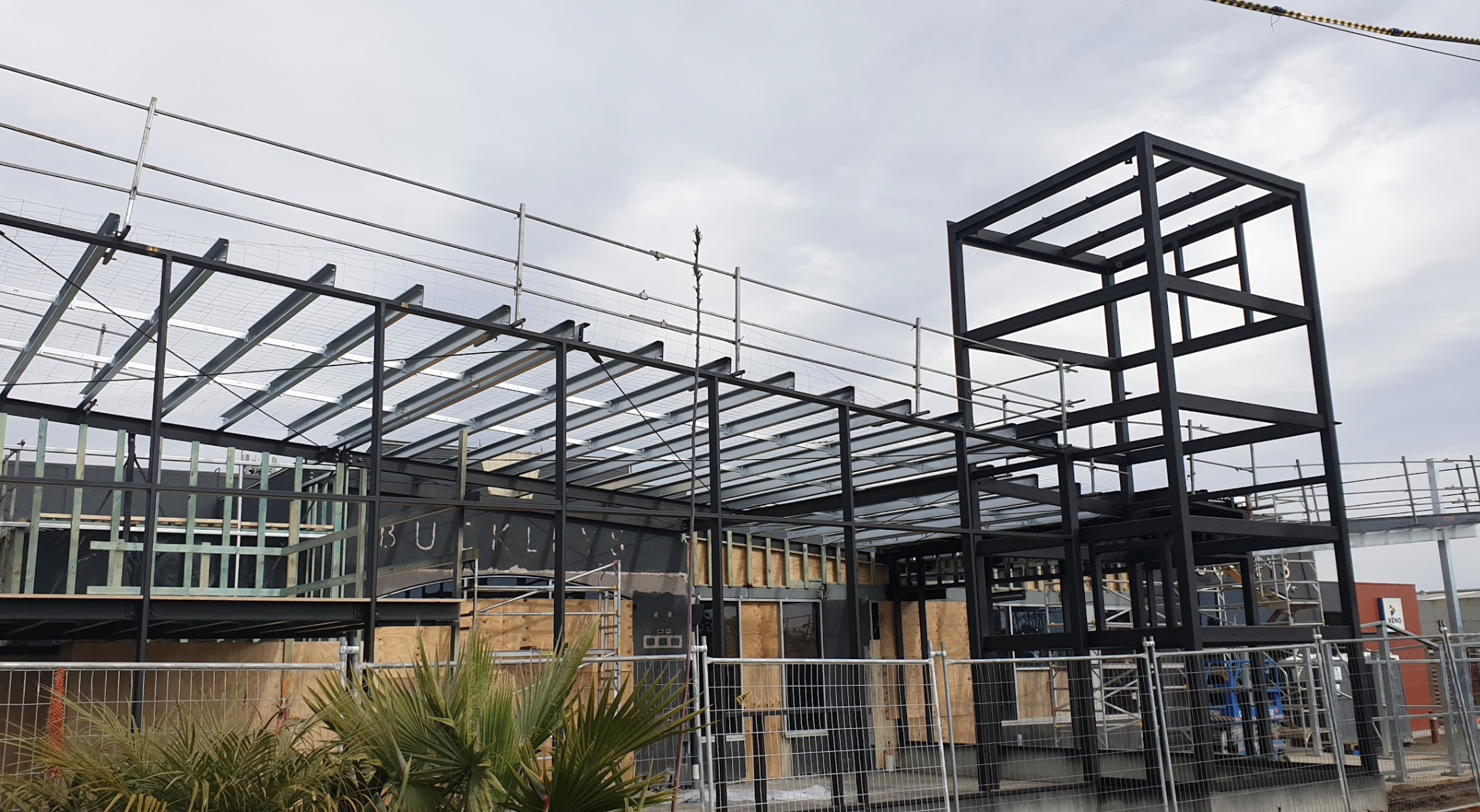 Construction site with a building frame and scaffolding, with some plants in the foreground and an overcast sky