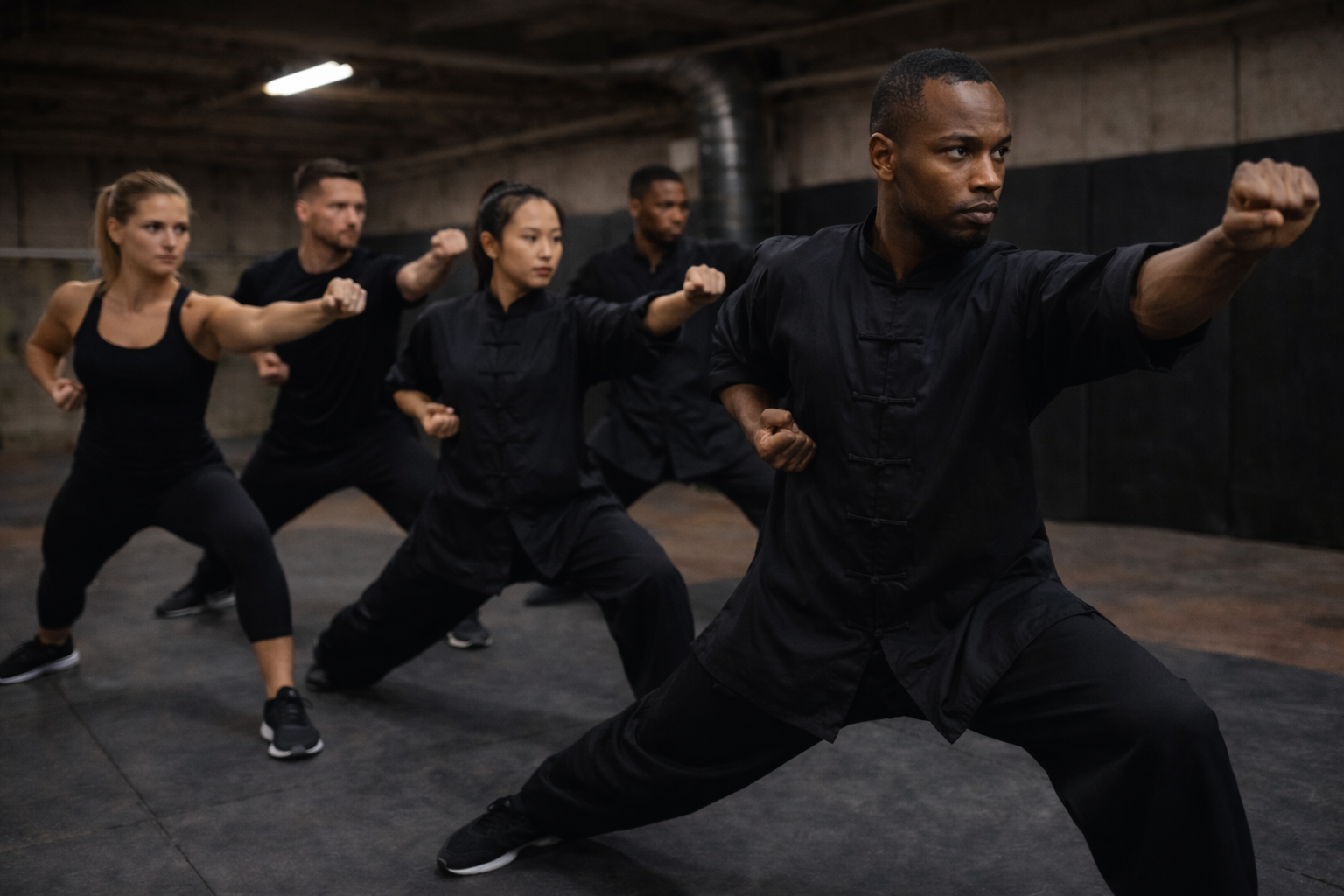 A diverse group of five people practicing martial arts in a dojo, with an instructor leading the session in a front stance motion.