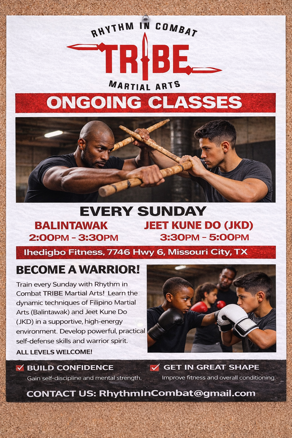 Flyer for Rhythm in Combat TRIBE martial arts ongoing classes. Classes every Sunday at Ihedigbo Fitness, Missouri City, TX. Balintawak from 2:00PM to 3:30PM, Jeet Kune Do from 3:30PM to 5:00PM. Contains images of two men practicing martial arts.