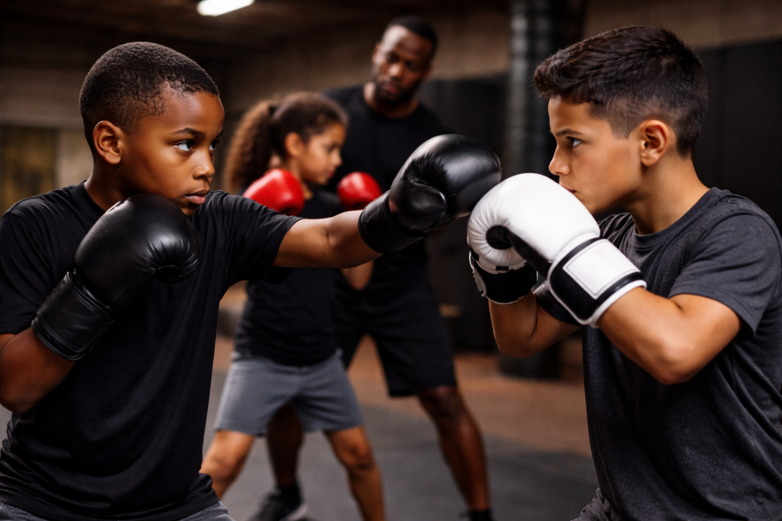 Two boys sparring in boxing gloves at a gym with a trainer and two young girls in the background.