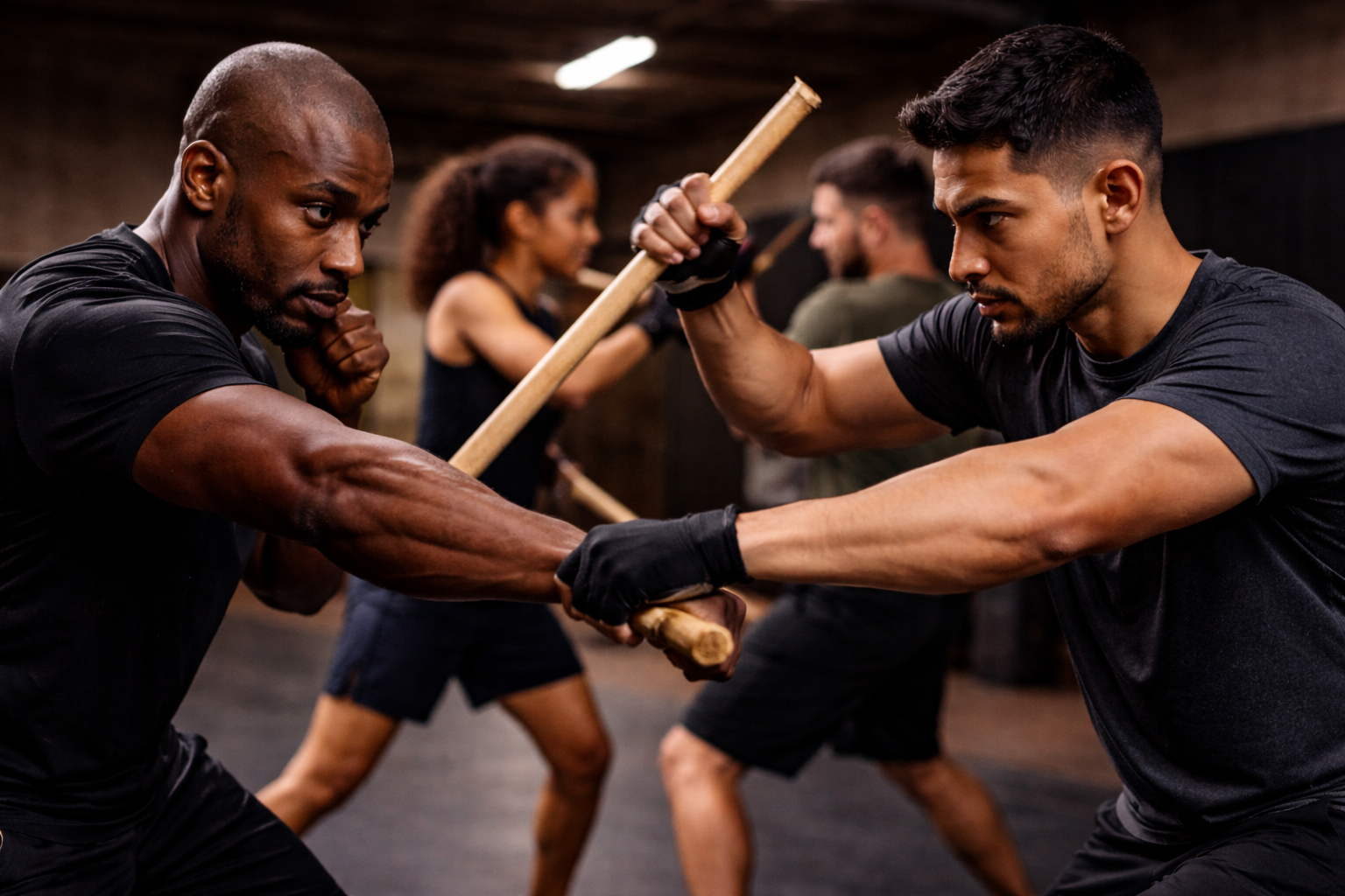 Two men sparring with wooden sticks in a martial arts class, other students practicing in the background.