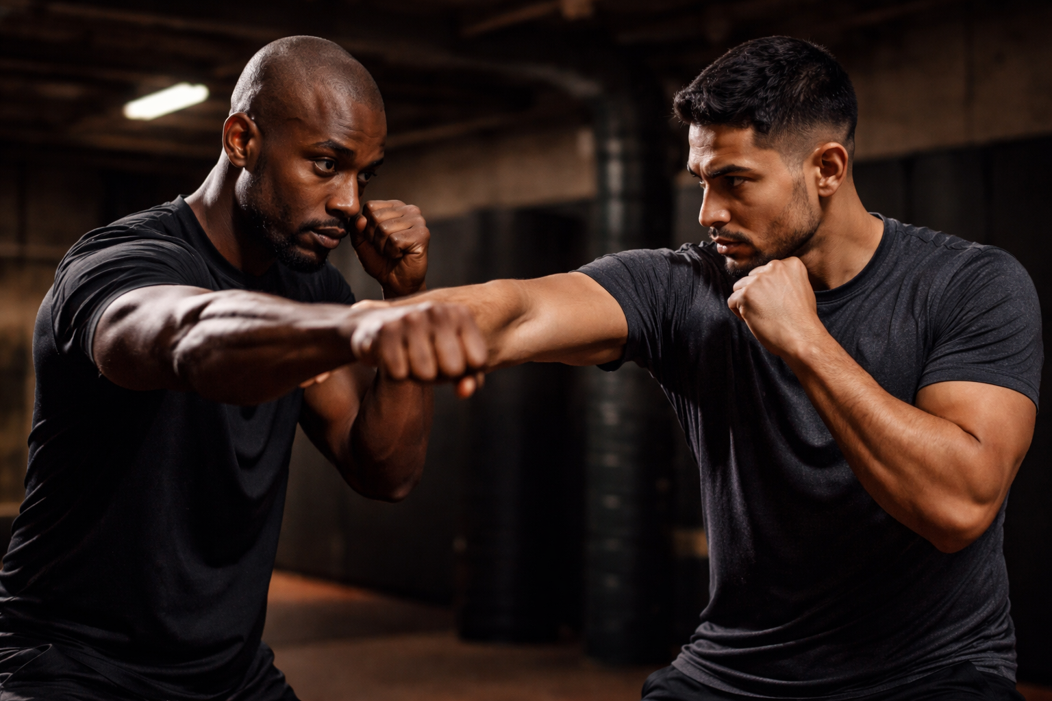 Two men practicing boxing in a gym, one throwing a punch and the other blocking with his gloves.