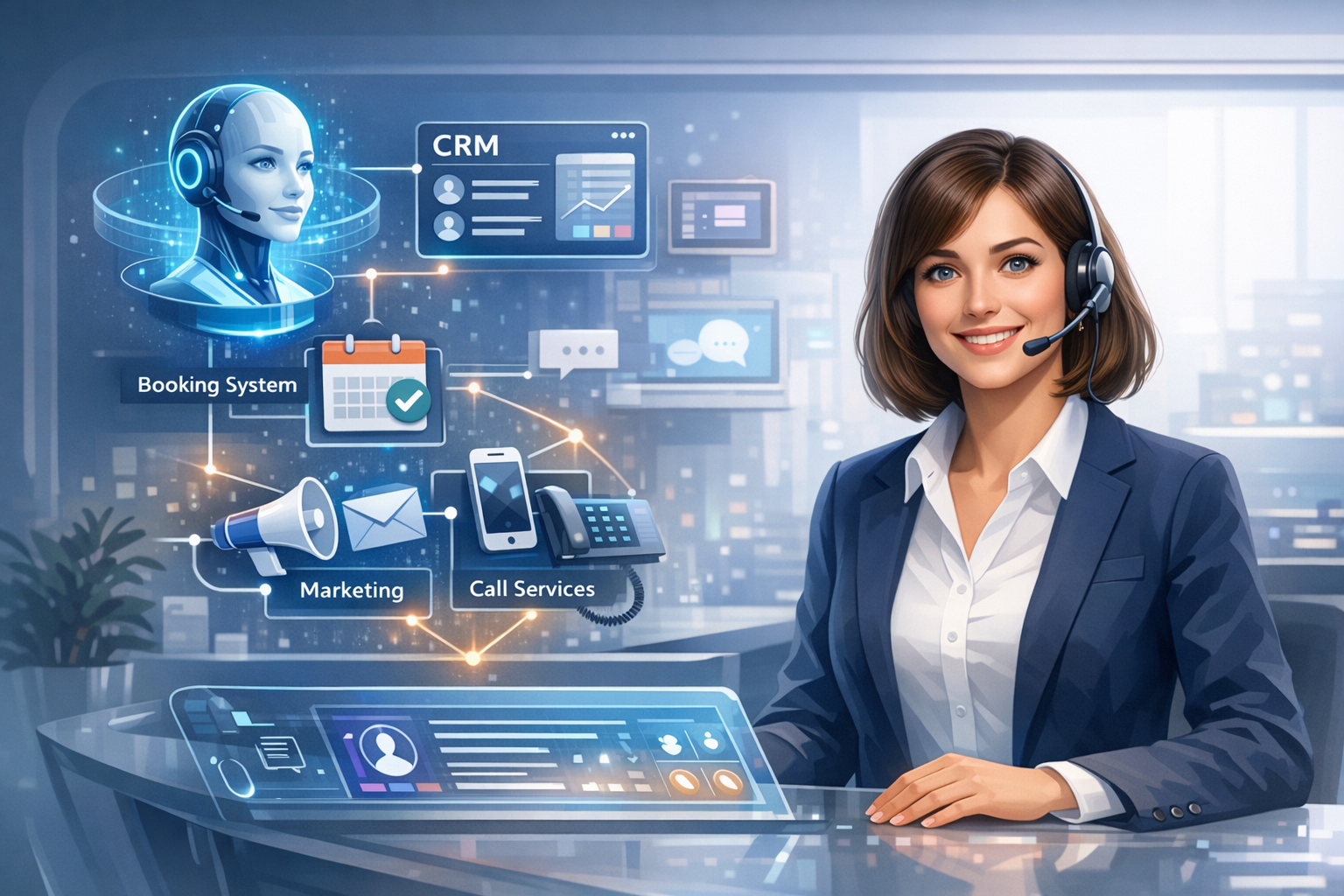 A woman wearing a headset sitting at a desk with a digital touchscreen interface, with a futuristic virtual assistant projecting icons for CRM, booking system, marketing, and call services in a modern office setting.