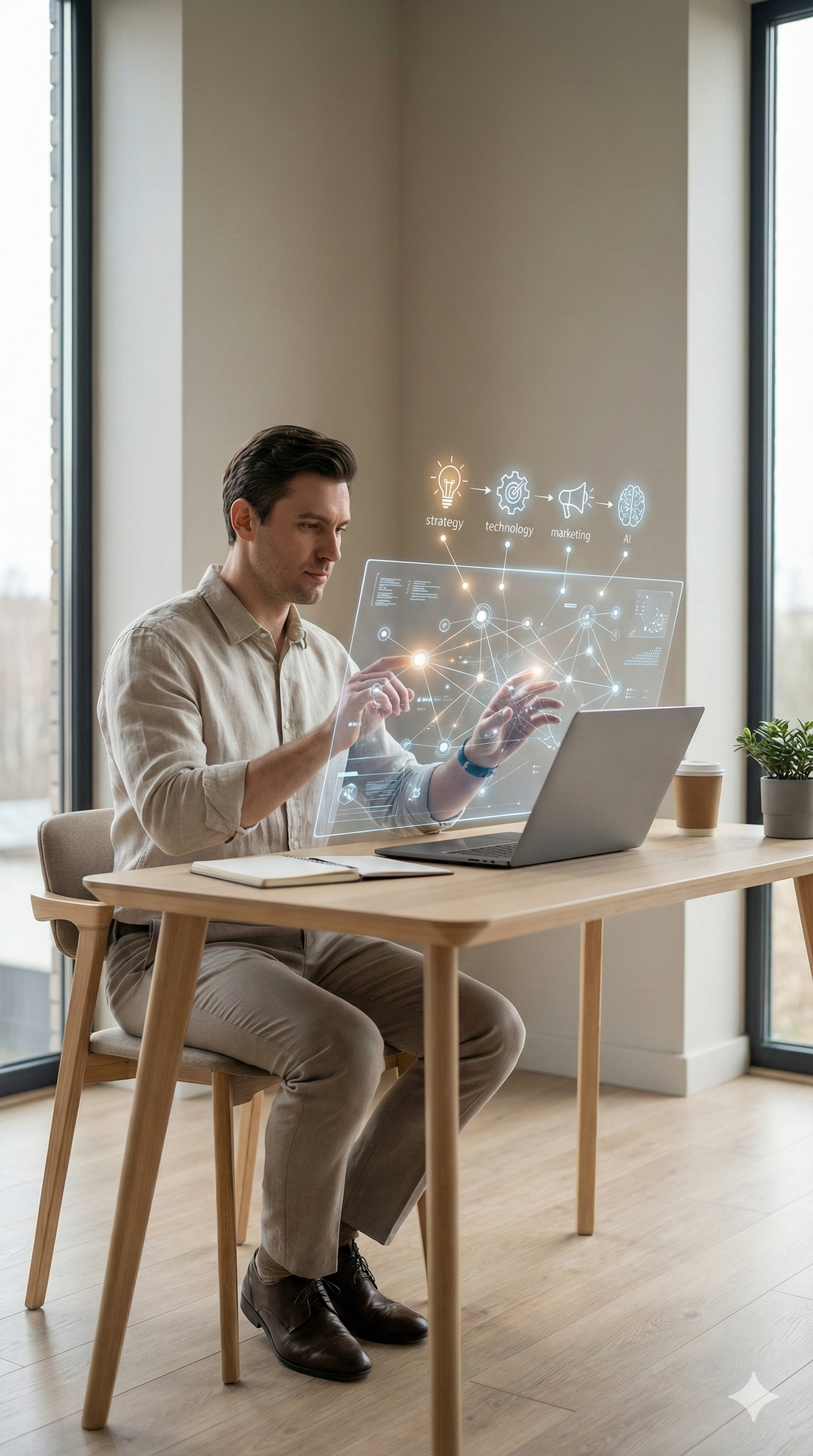 A man sitting at a wooden desk using a holographic transparent screen with digital lines and icons related to strategy, technology, marketing, and AI. There are two coffee cups, a notebook, and a potted plant on the desk.