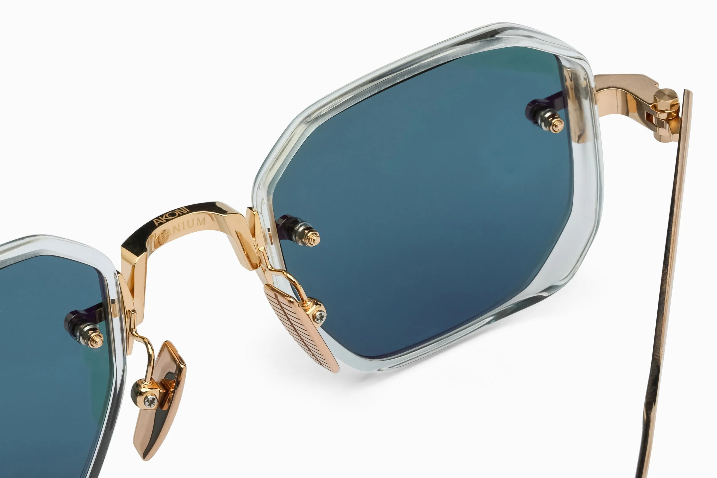 A close-up of the Akoni June Two temple, hinges, and frames