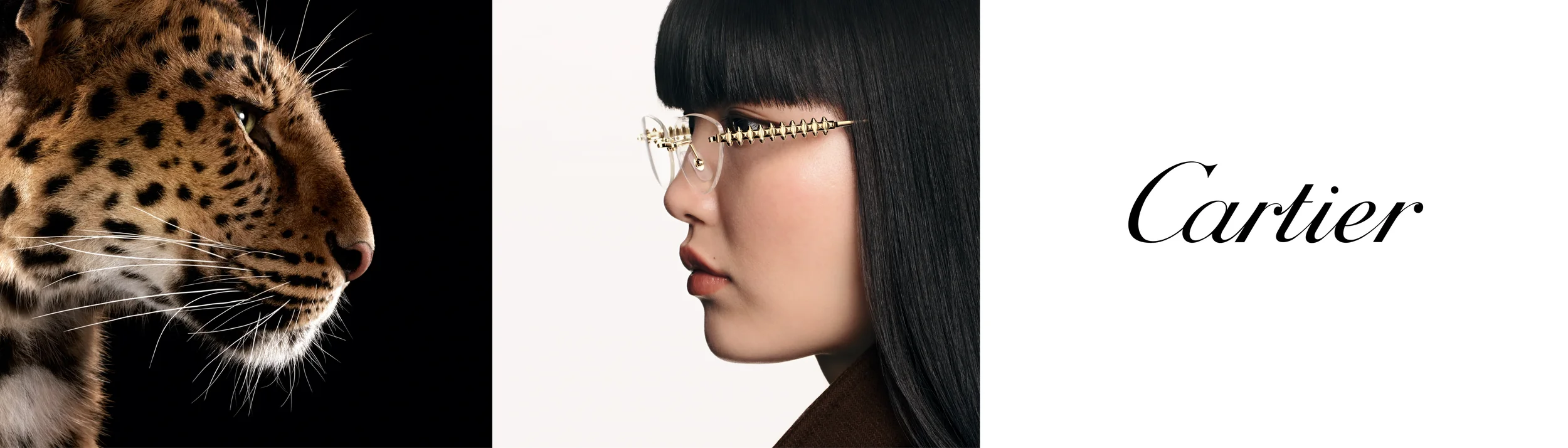 Woman wearing Cartier glasses with logo and panther image