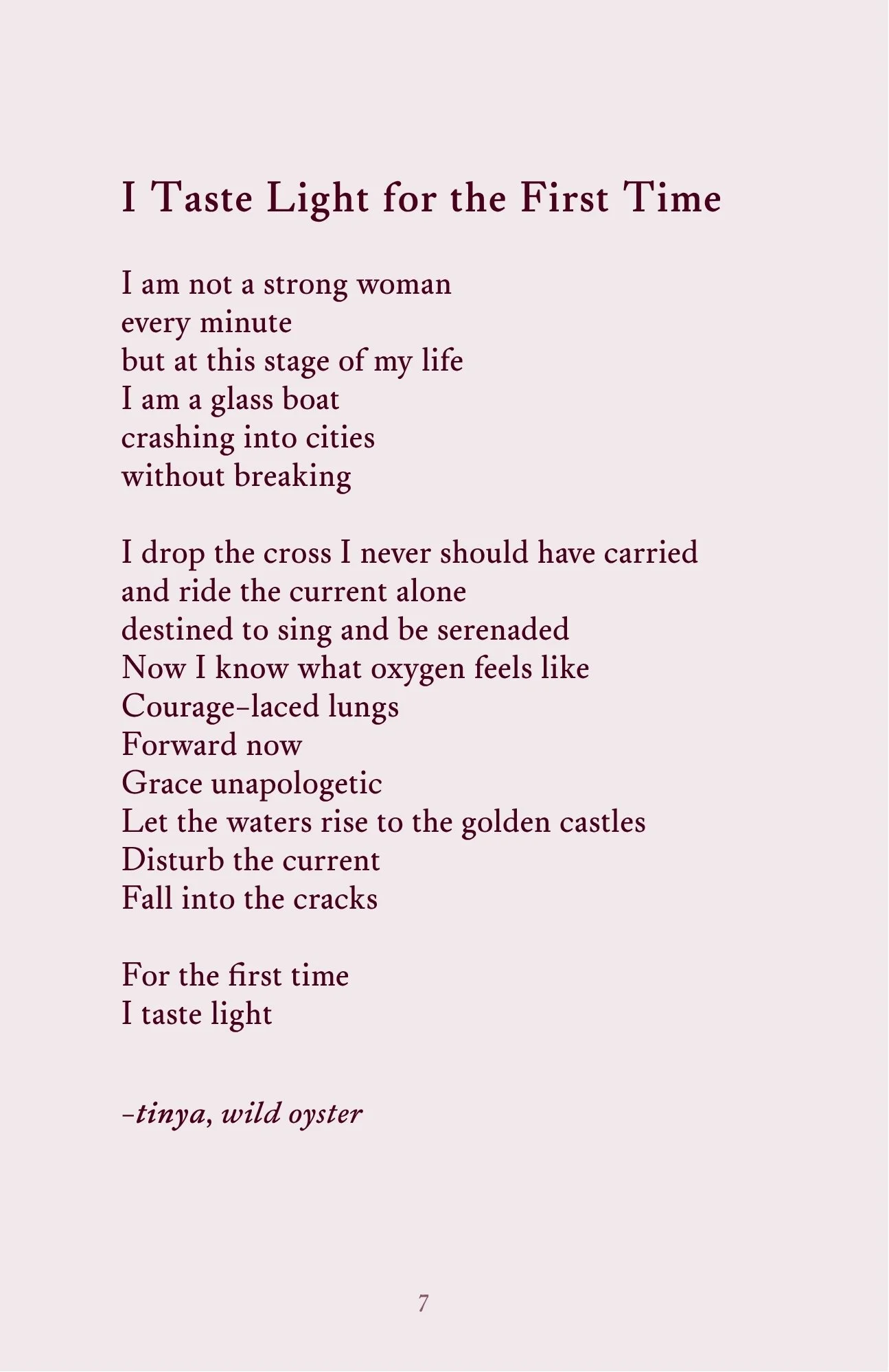 Page from a book with the poem titled "I Taste Light for the First Time" by Tinya, Wild Oyster, set against a pale pink background.