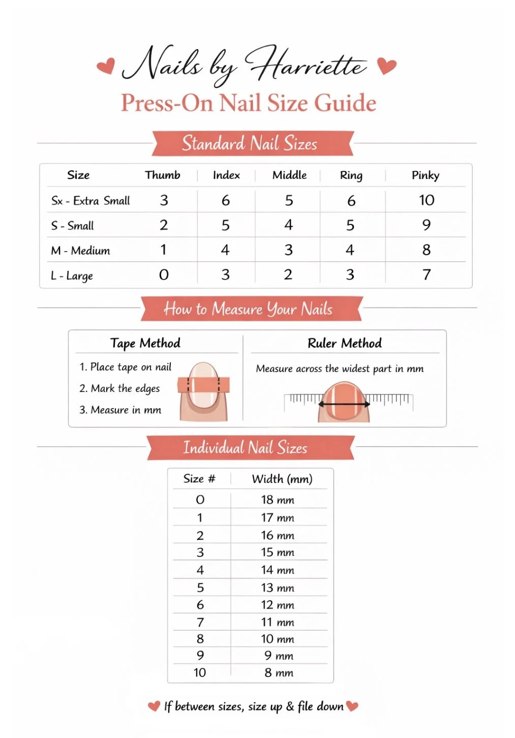 Nails by Harriette press-on nail size guide chart, including instructions for measuring nail size and a table of standard nail sizes with widths in millimeters.