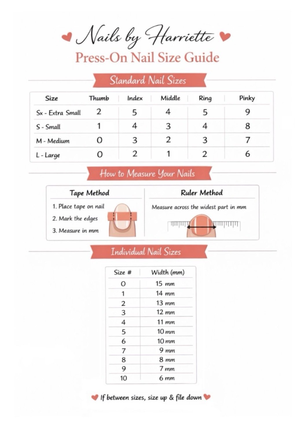 A nail size guide chart titled 'Nails by Harriette Press-On Nail Size Guide'. It includes a table of standard nail sizes from extra small to large, with corresponding measurements for thumbs, indexes, middle, ring, and pinky nails. Instructions on measuring nails using tape and a ruler are illustrated, along with a chart showing individual nail sizes with width in millimeters.