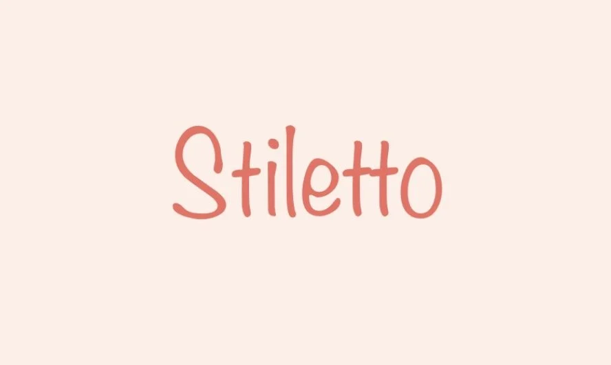 The word 'Stiletto' written in red, playful font on a pale pink background.