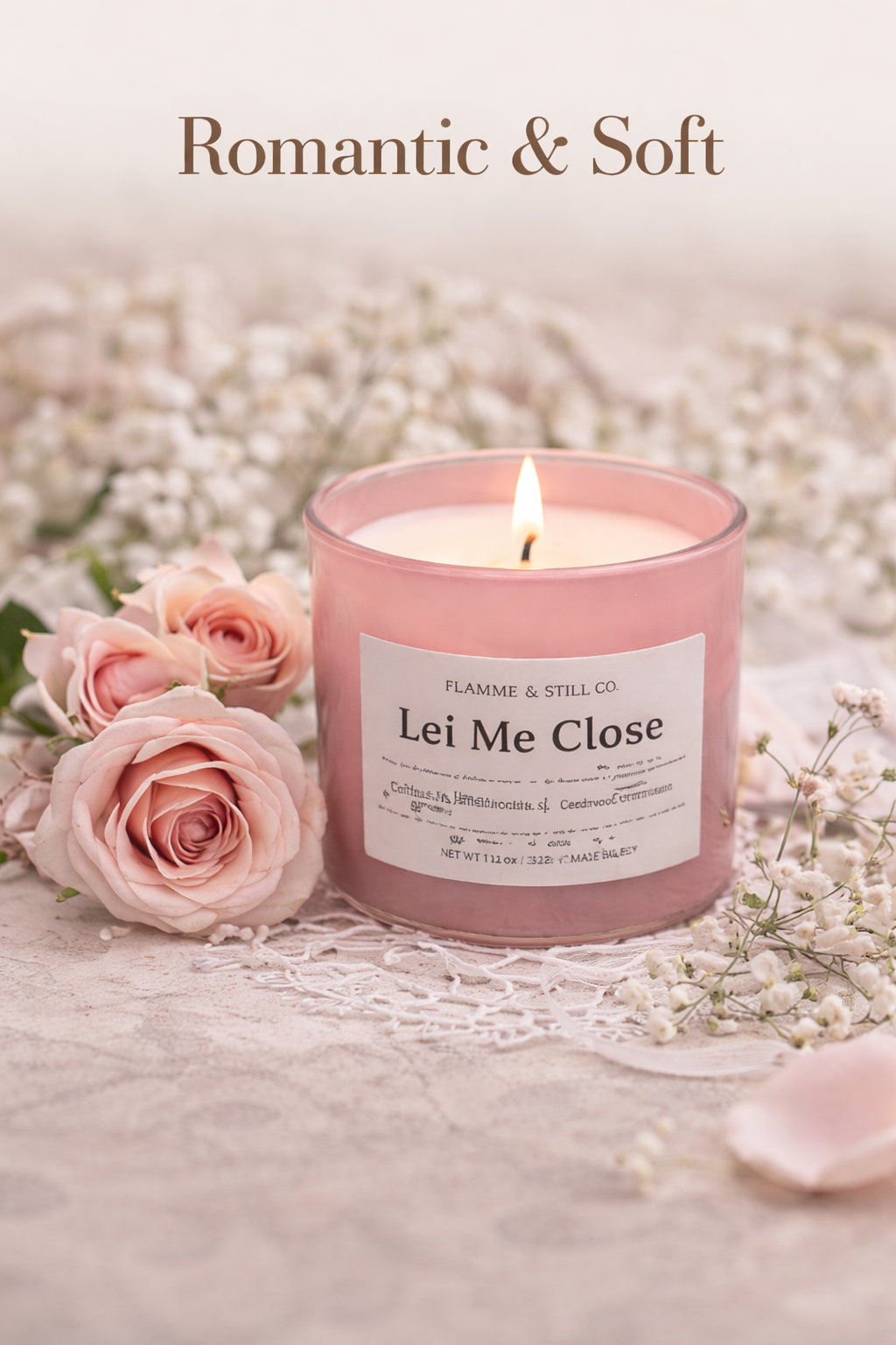 A pink scented candle labeled "Lei Me Close" from Flamme & Still Co., lit and surrounded by pink roses and white flowers on a lace-covered surface, with the words "Romantic & Soft" at the top.