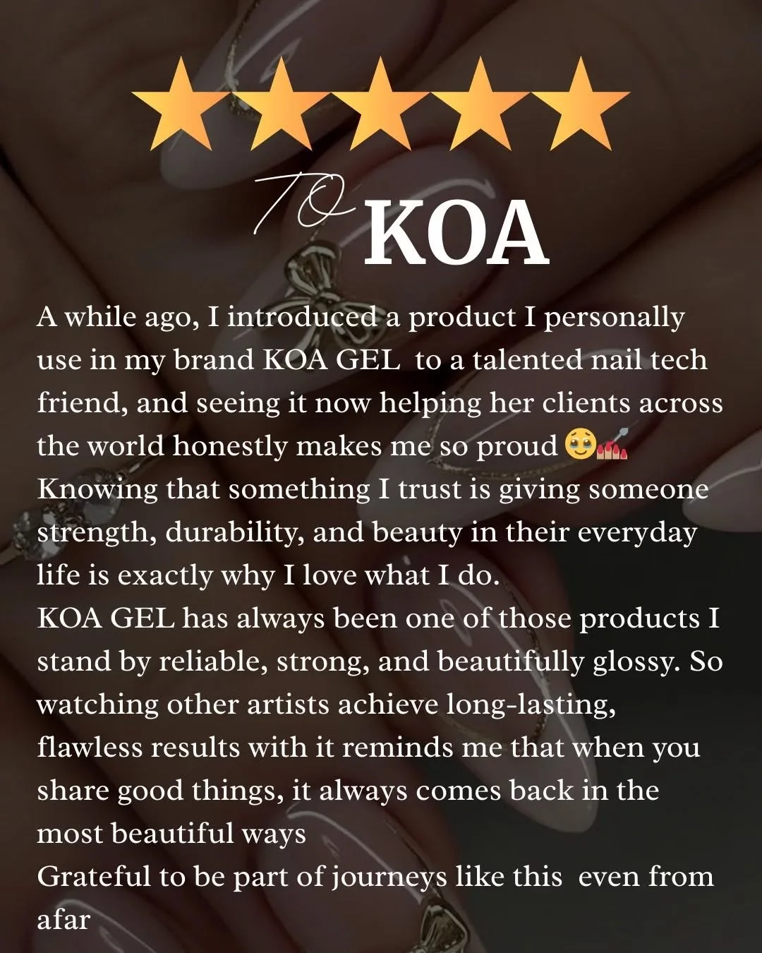 ✨ Sometimes the best connections happen quietly behind the scenes.

A while ago, I introduced a product I personally use in my brand &mdash; KOA GEL &mdash; to a talented nail tech friend, and seeing it now helping her clients across the world honest