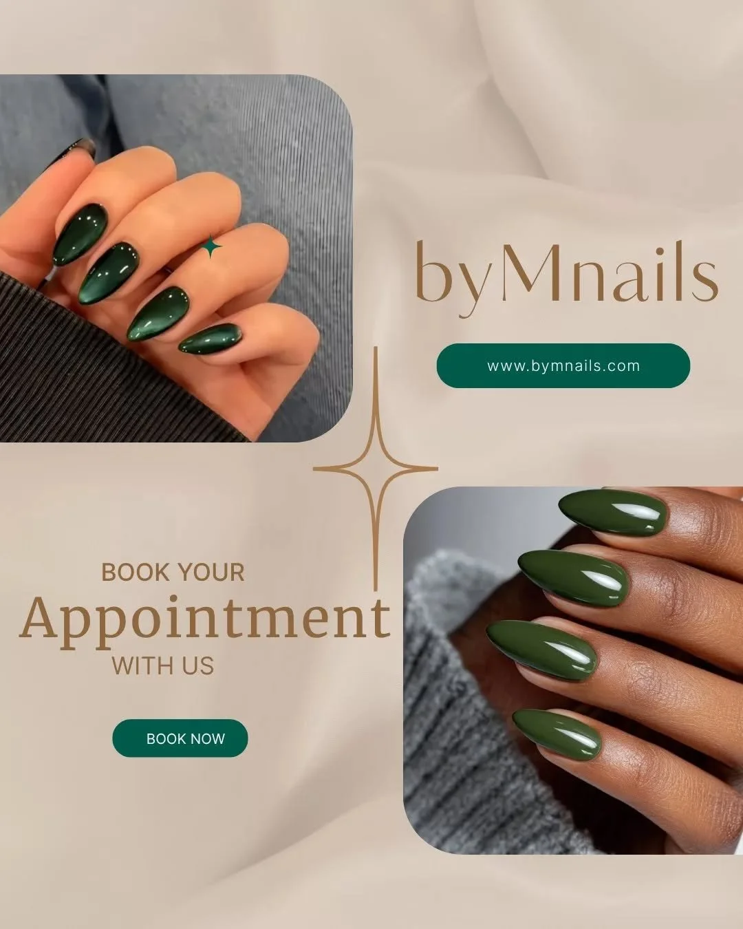 Green nails are officially that girl 💚✨
Clean, classy, glossy &amp; impossible to ignore.

Whether you&rsquo;re going for soft luxury or bold main character vibes, byMnails has your next favorite set waiting for you 💅

Your nail appointment = your 