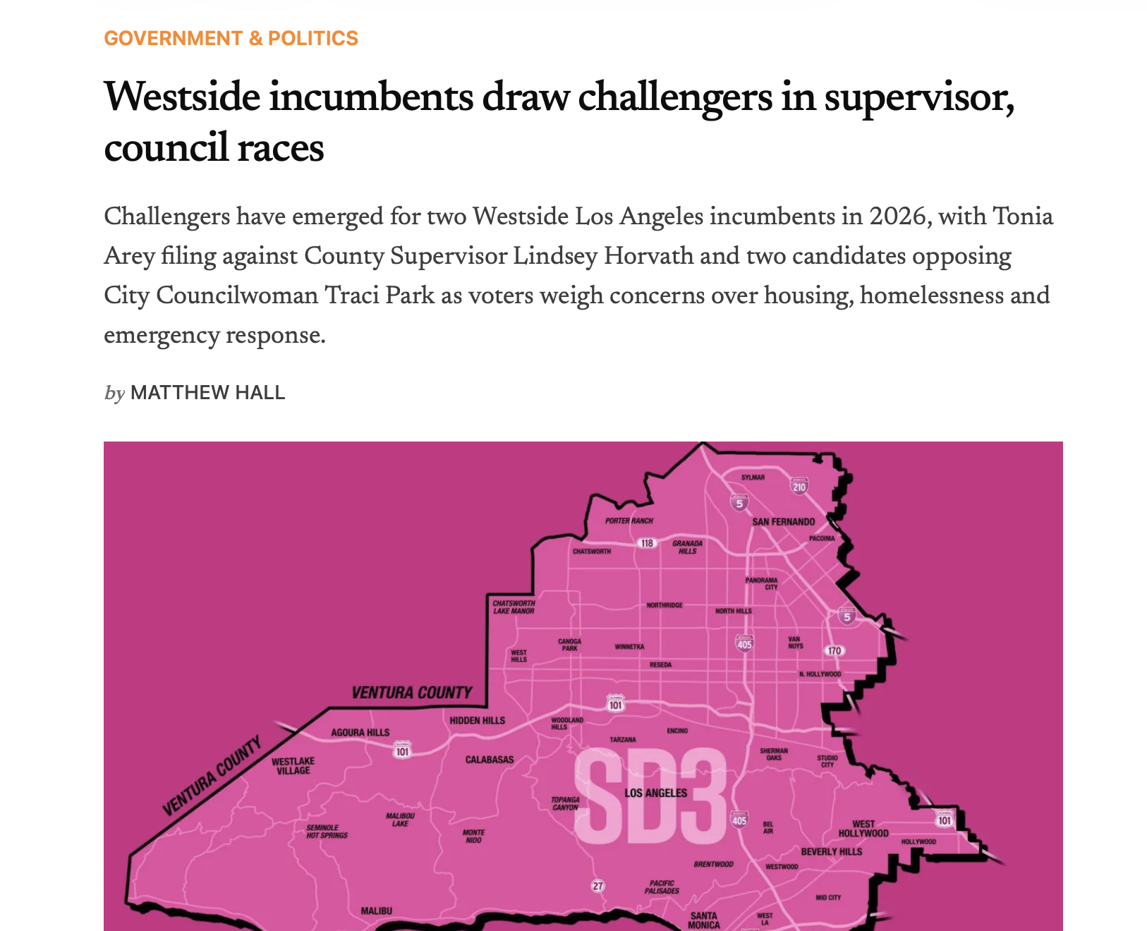 Map of Los Angeles with voting districts marked, highlighted in pink, titled SDS3.