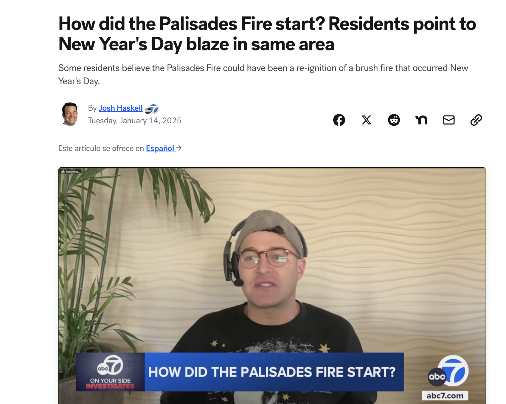 Screenshot of a news article titled "How did the Palisades Fire start? Residents point to New Year's Day blaze in same area," showing a man with glasses, wearing a headset and a gray beanie, speaking in front of a beige textured wall with a plant on the left. The image includes a banner with the ABC 7 logo and the question, "How did the Palisades Fire start?"