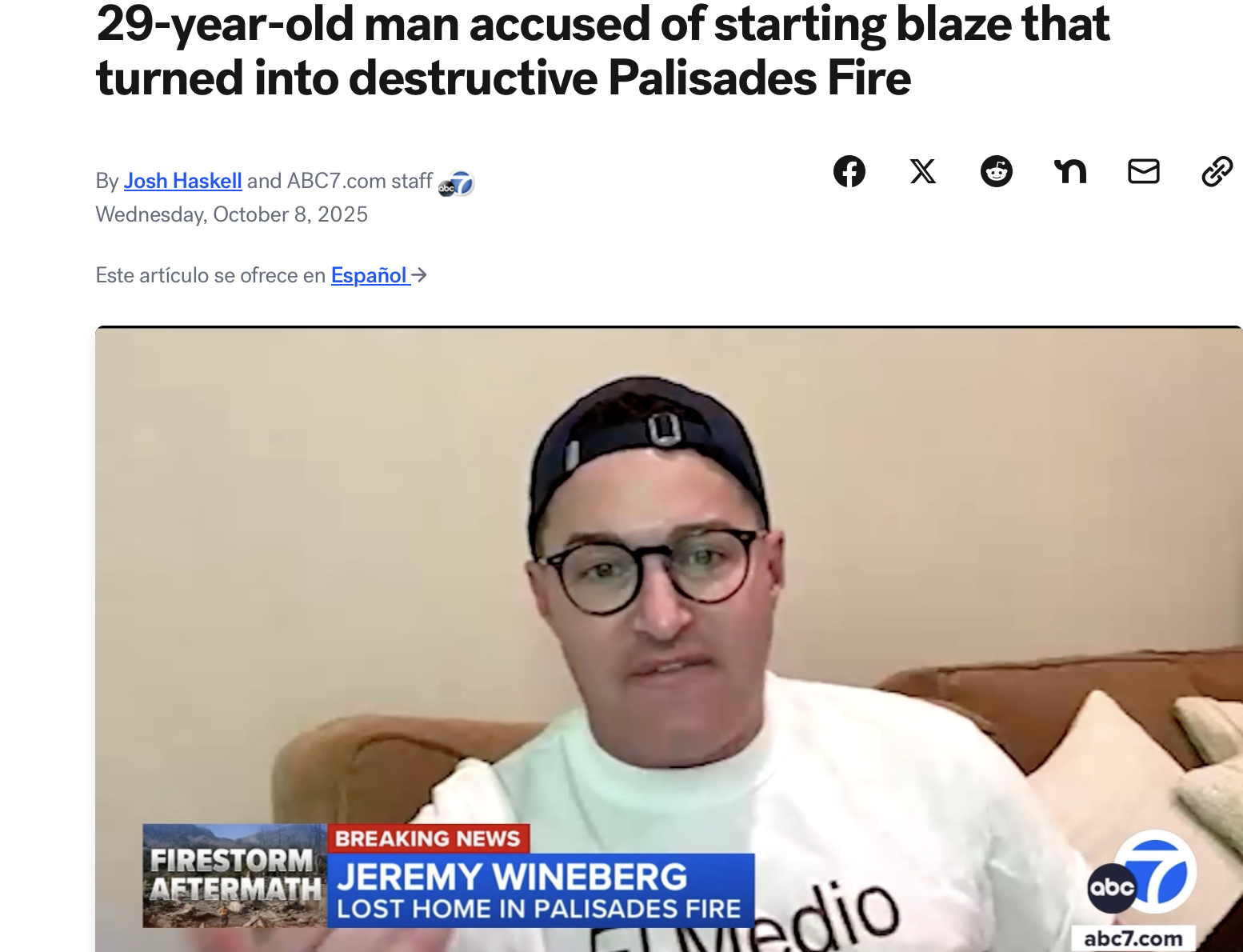 A man wearing glasses and a backwards cap sits on a couch during a news interview. The text overlay identifies him as Jeremy Wineberg, who lost his home in the Palisades Fire.