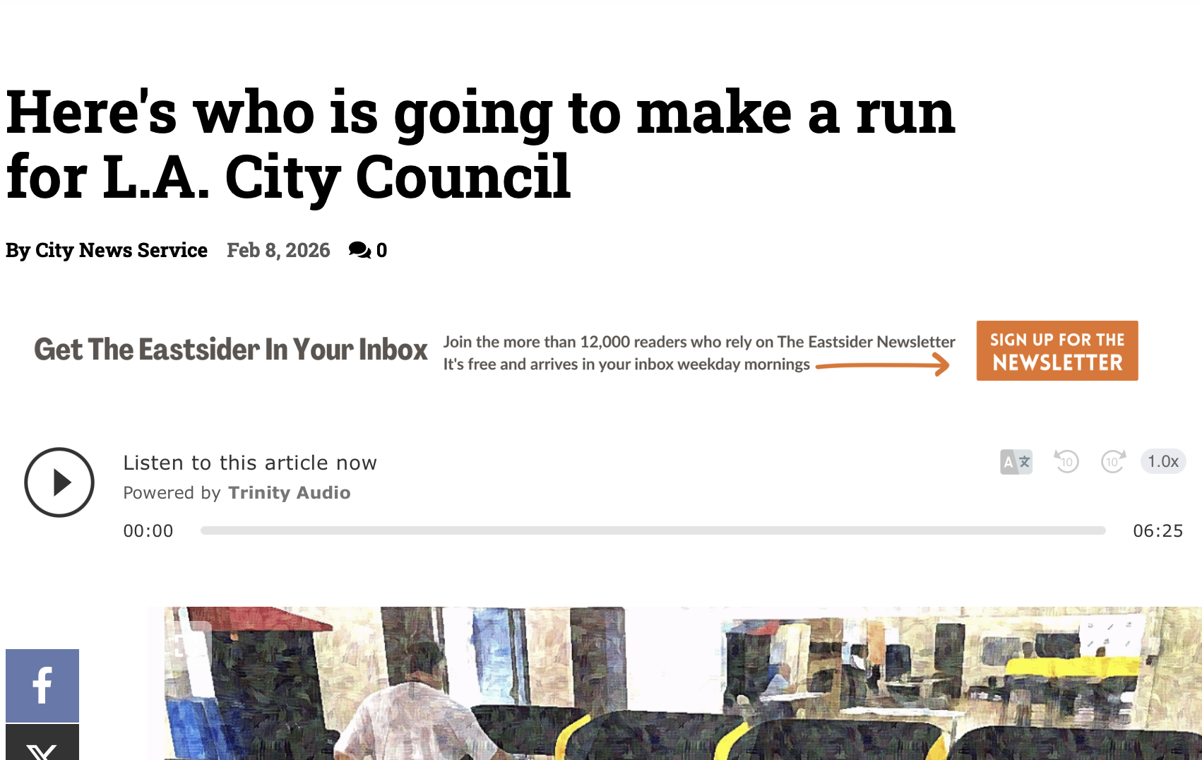 Screenshot of a news article webpage titled "Here's who is going to make a run for L.A. City Council" dated February 8, 2026, with options to listen to the article and an advertisement for the newsletter sign-up.