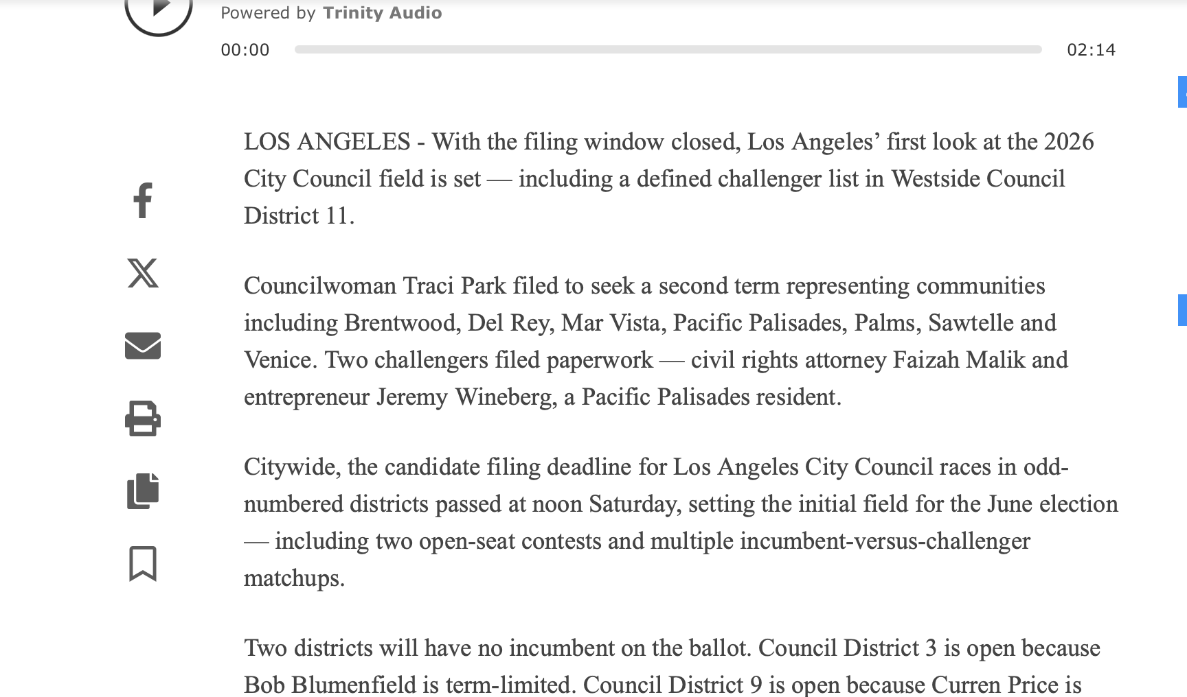 Screenshot of a news article discussing Los Angeles city council elections, including filing deadlines and candidate details, with icons for sharing, printing, emailing, and saving on the left side.