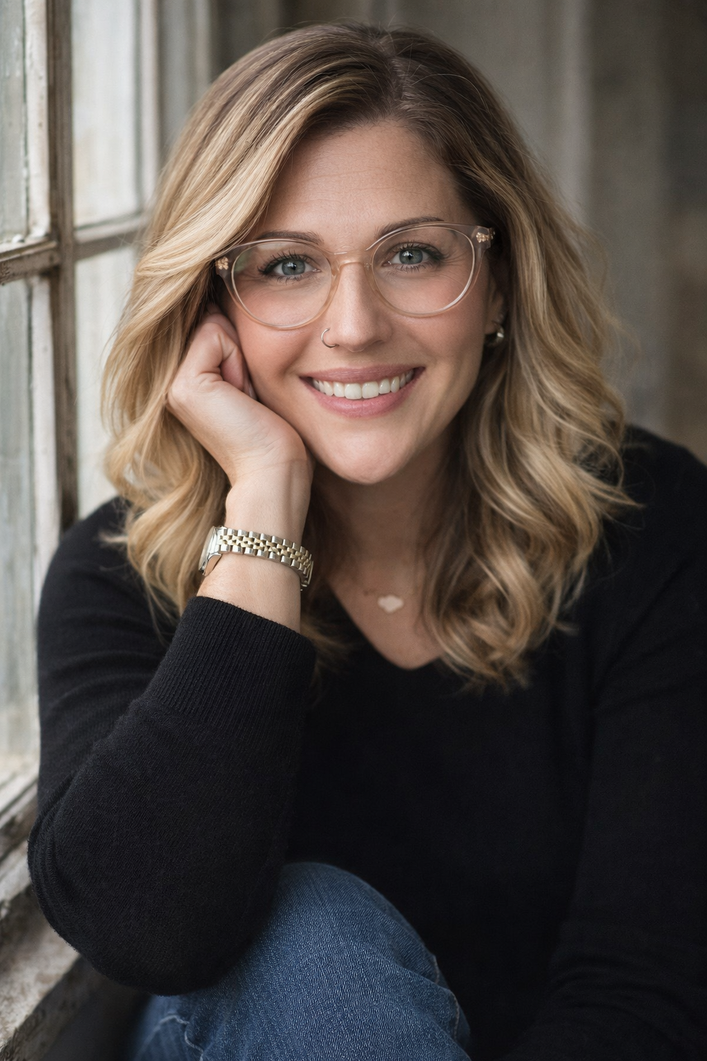 A smiling woman with blonde wavy hair wearing glasses, a black top, and a silver watch, sitting by a window with a rustic interior background.