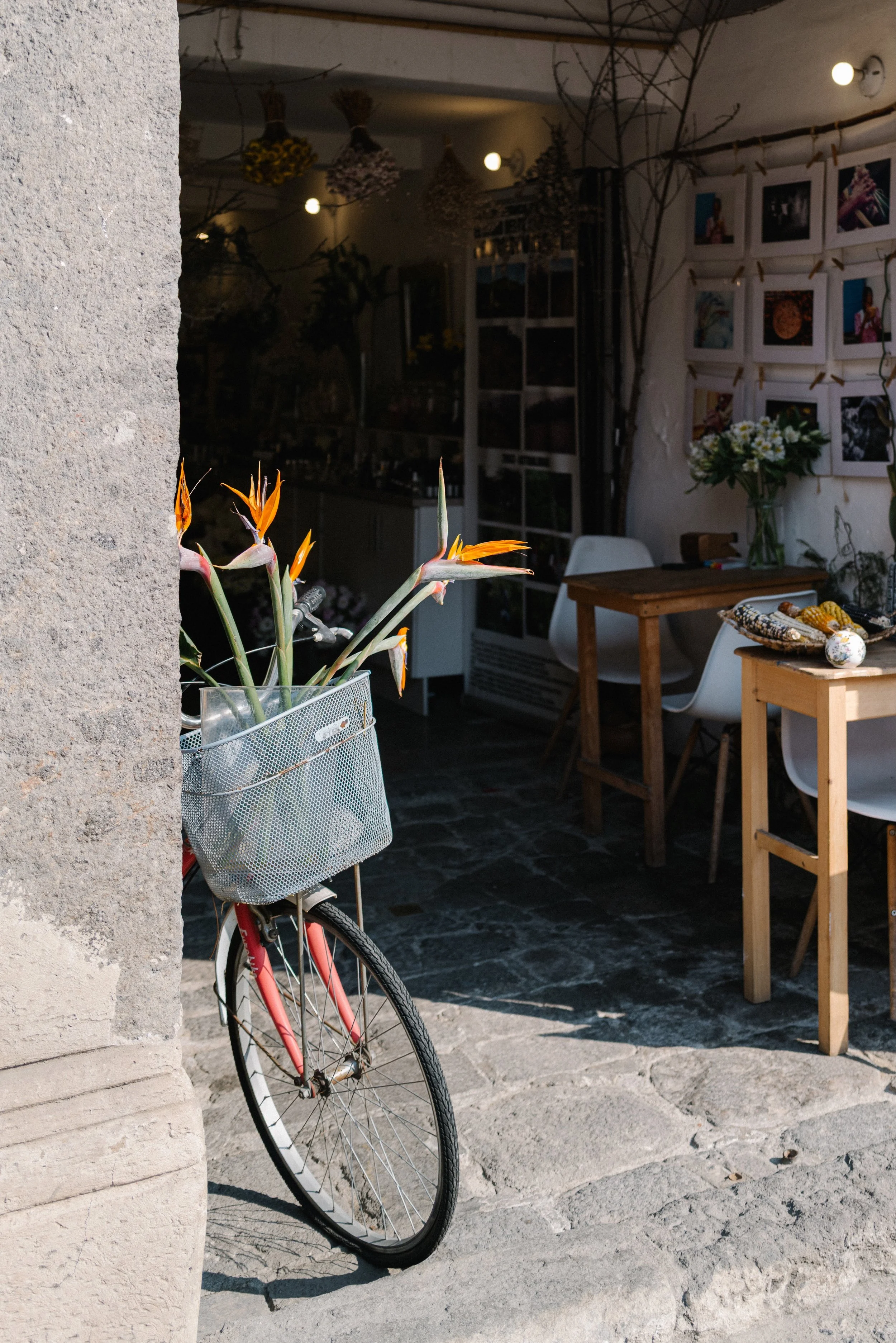 A pink bicycle with a wire basket containing orange and white flowers, parked outside a cozy shop with interior decor including photos, flowers, and wooden tables.