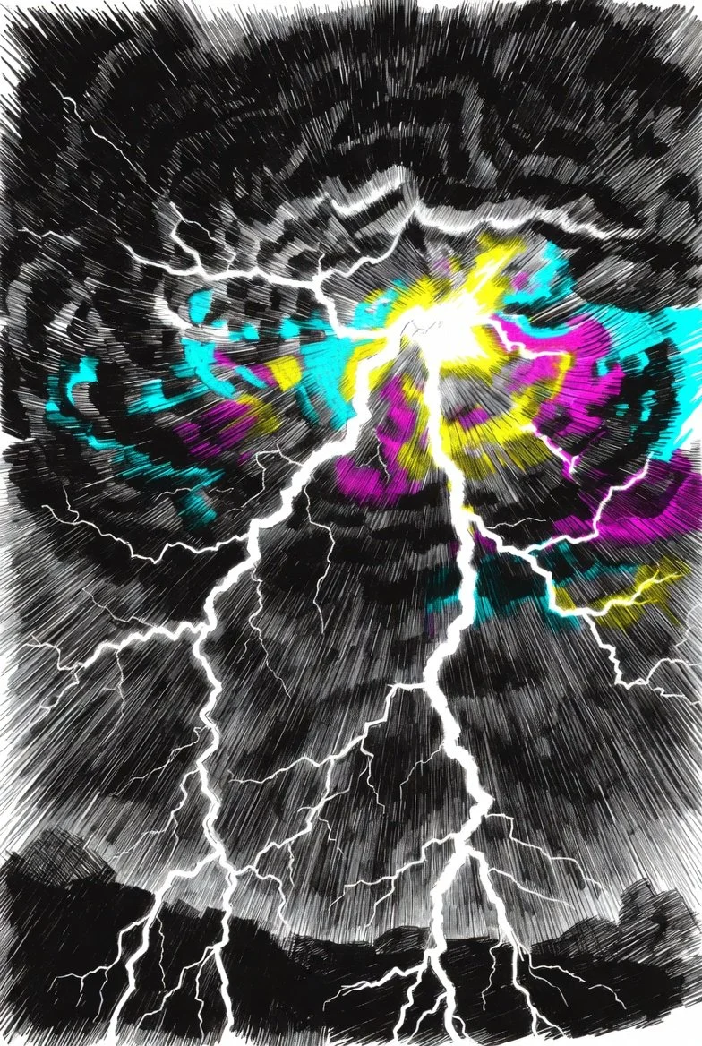 Chaotic black storm cloud exploding with neon lightning — bright white bolts and bursts of electric yellow, cyan, and magenta crackling through swirling dark skies in raw, surreal energy.