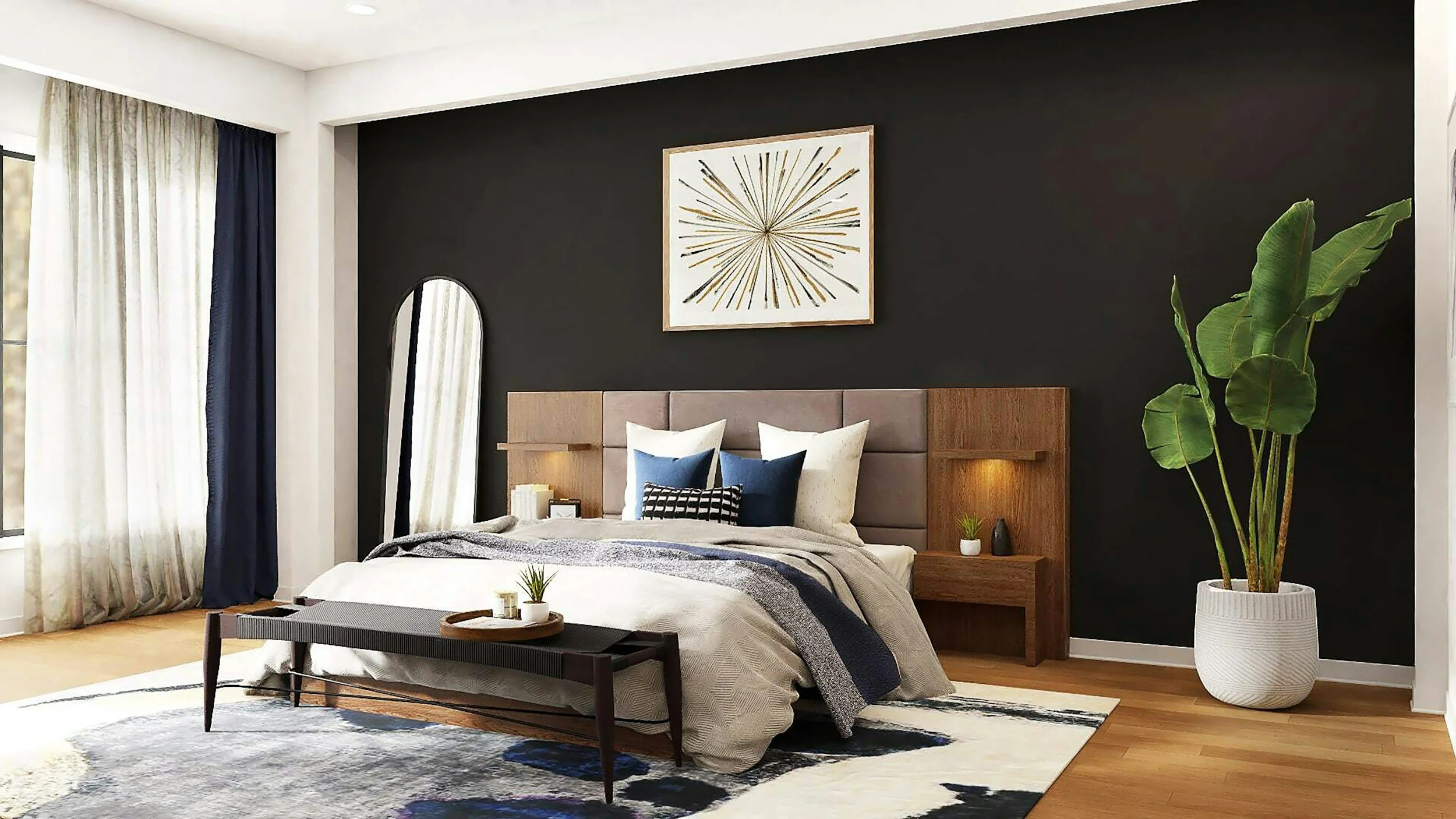 A modern bedroom with a black accent wall, a bed with white, beige, and blue pillows, a wooden headboard with built-in shelves, a large white potted plant to the right, and a black and white patterned rug on a wooden floor.