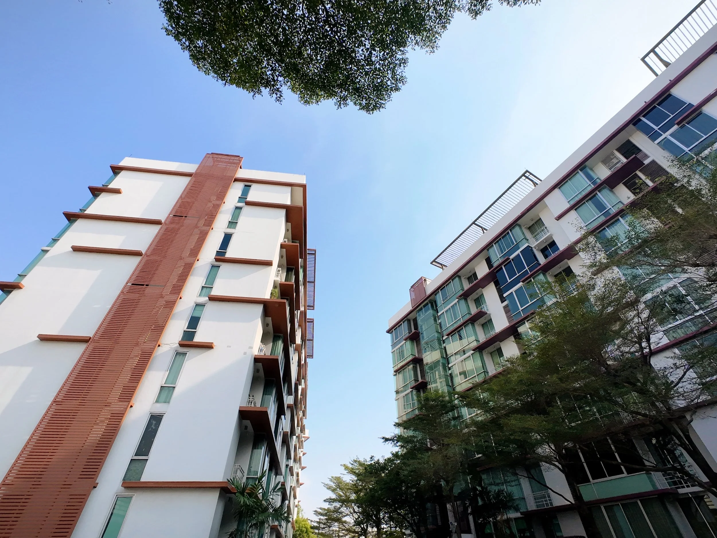 Low-angle view of two modern apartment buildings with trees and clear blue sky in the background.