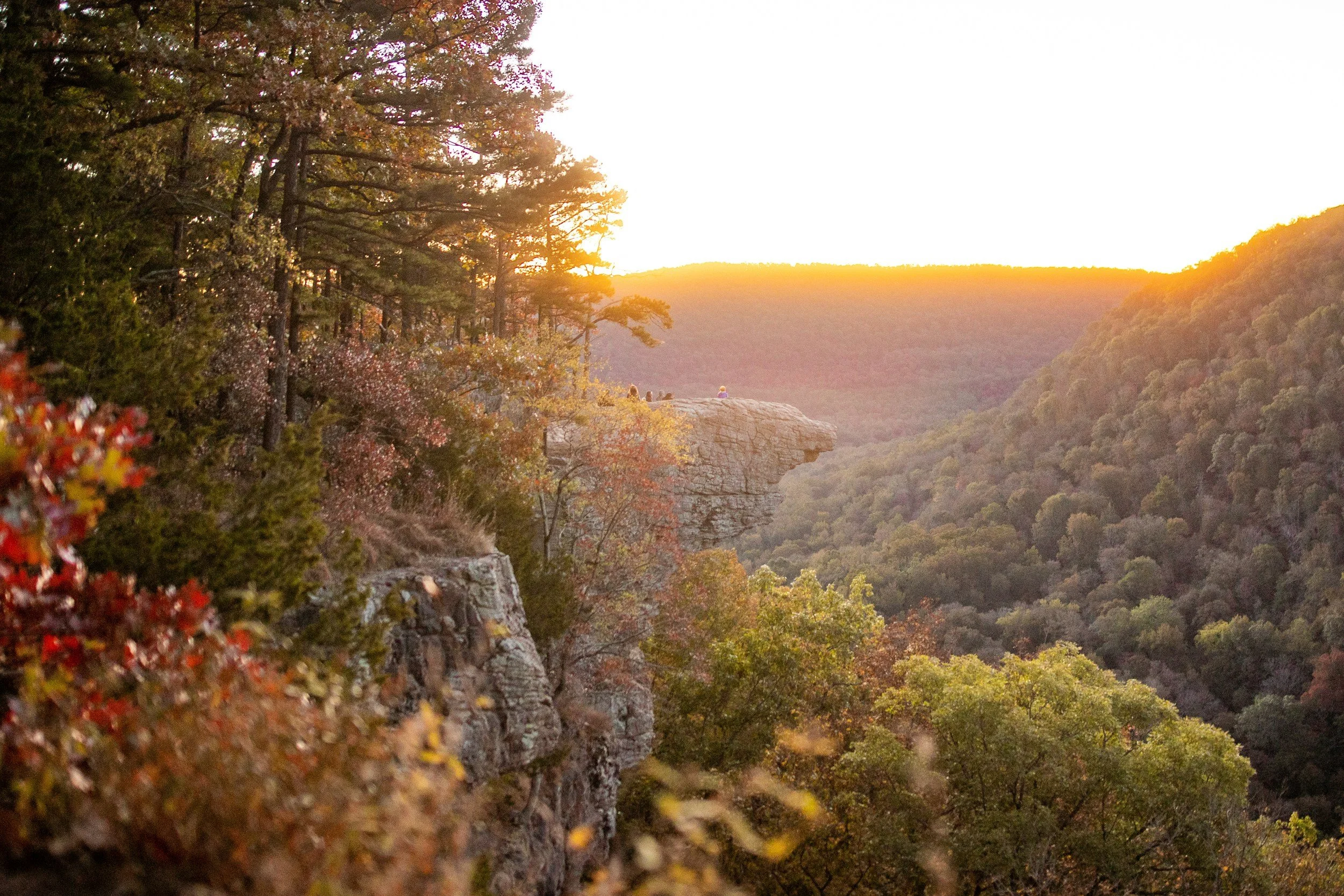 Sunset over a mountain valley with a rocky outcrop and trees with fall foliage.