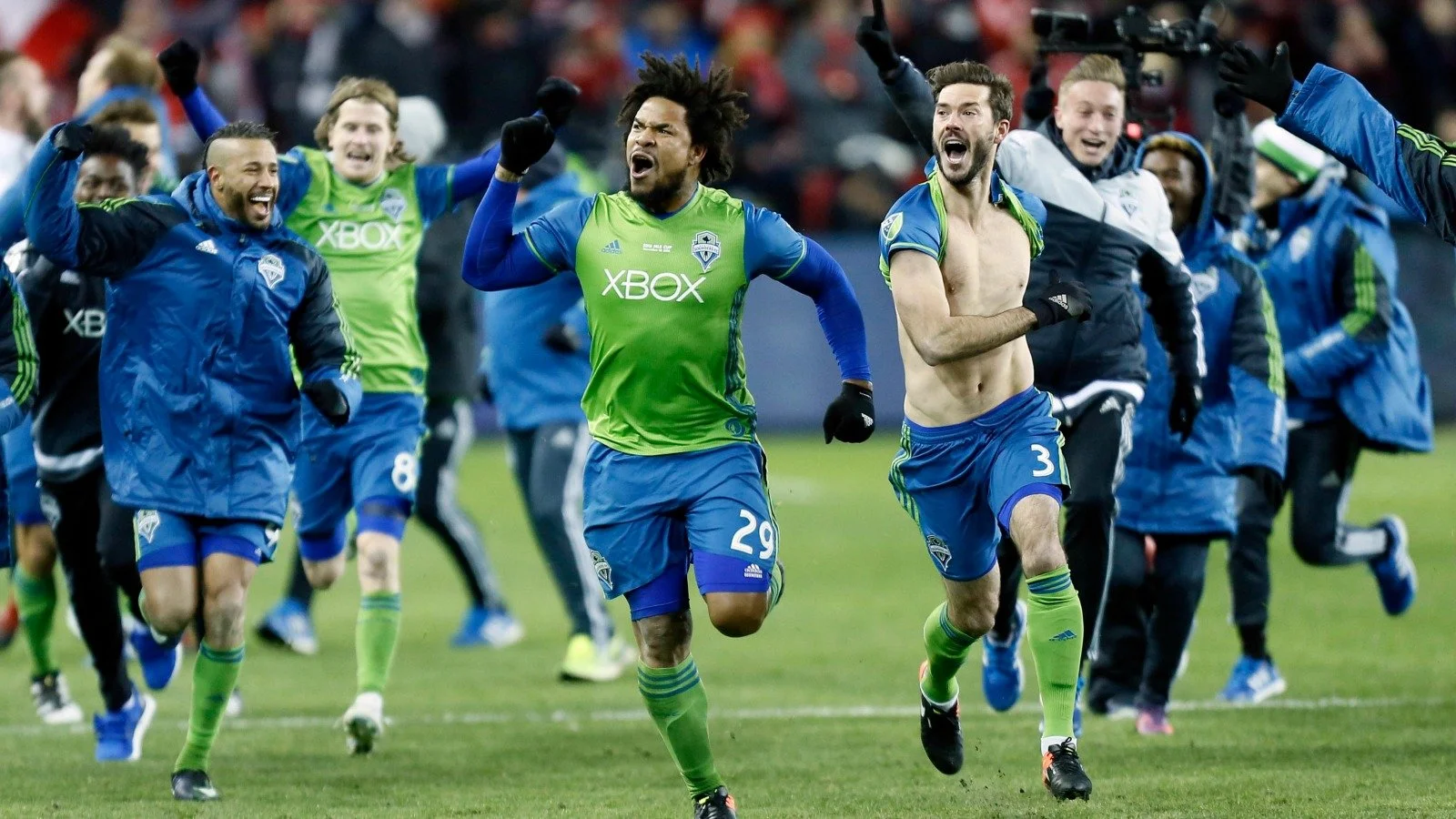 Roman Torres celebrating after scoring a goal for the Seattle Sounders